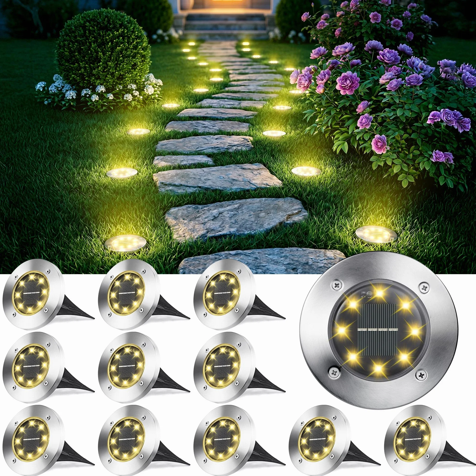 12Pezzi Luci Solari per Giardino, Joomer 8 LED Lampade Solare Esterno Incasso Faretti a Terra Luce Sepolta Solare Impermeabile per Vialetto Scala Prato Paesaggio Strade Piscina Patio, Bianco Caldo