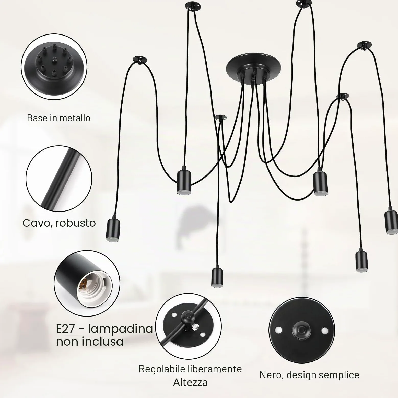 Lightess Lampadario a Ragno 6 Luci, Lampade a Sospensione Nero Industrial Lampadario Pendente Moderne Lampadari Soffitto Vintage per Camera da Letto Soggiorno