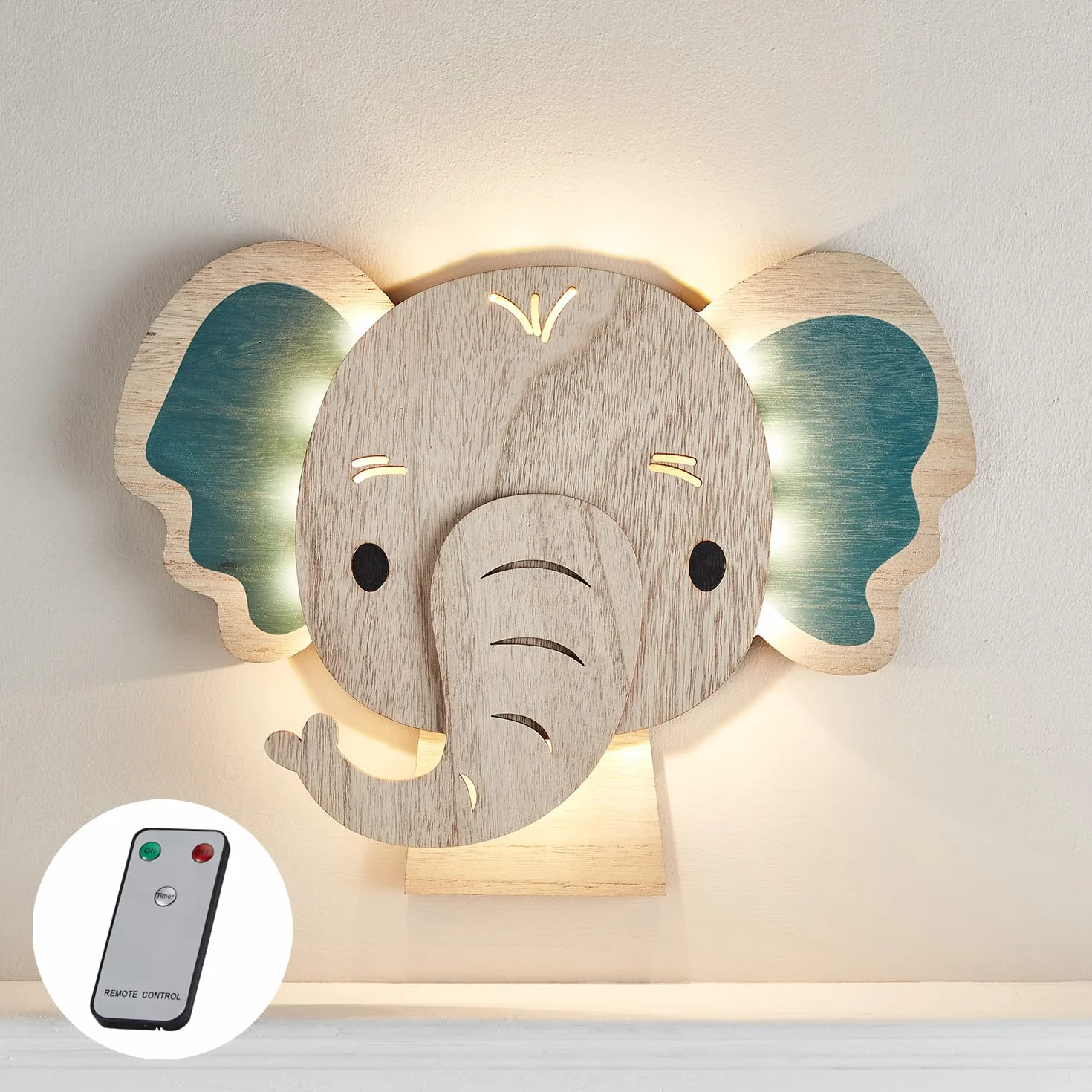 Lights4fun Applique Murale Elefante con 34 LED Bianchi Caldi a Pile per Arredo Cameretta Bimbi