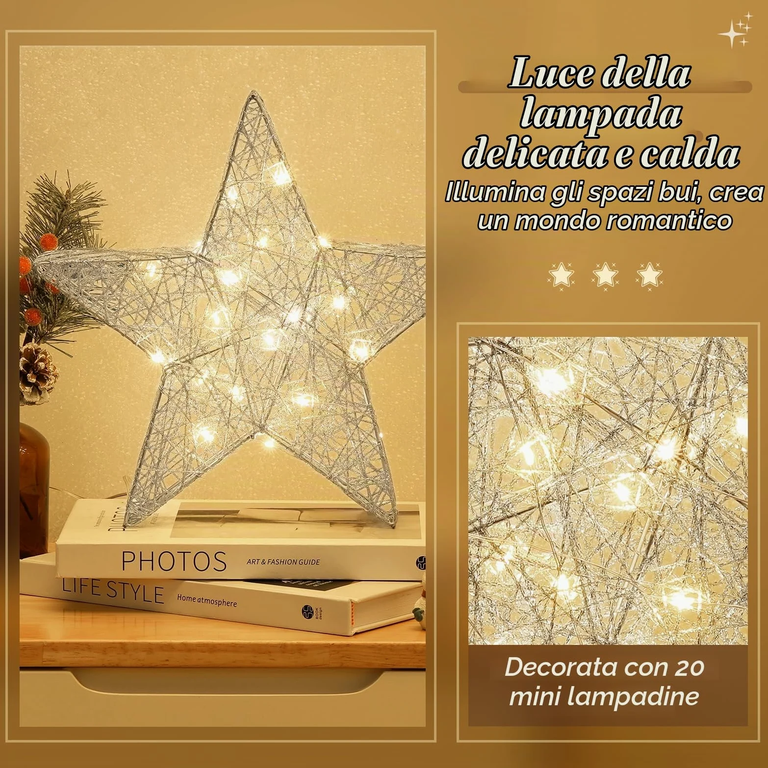 Lewondr Lampada Decorativa a Forma di Stella, Lampada da Scrivania a LED con Luce Calda Decorazione Natalizia per Interni Lampada da Tavolo per Camera da Letto e Soggiorno, Argento