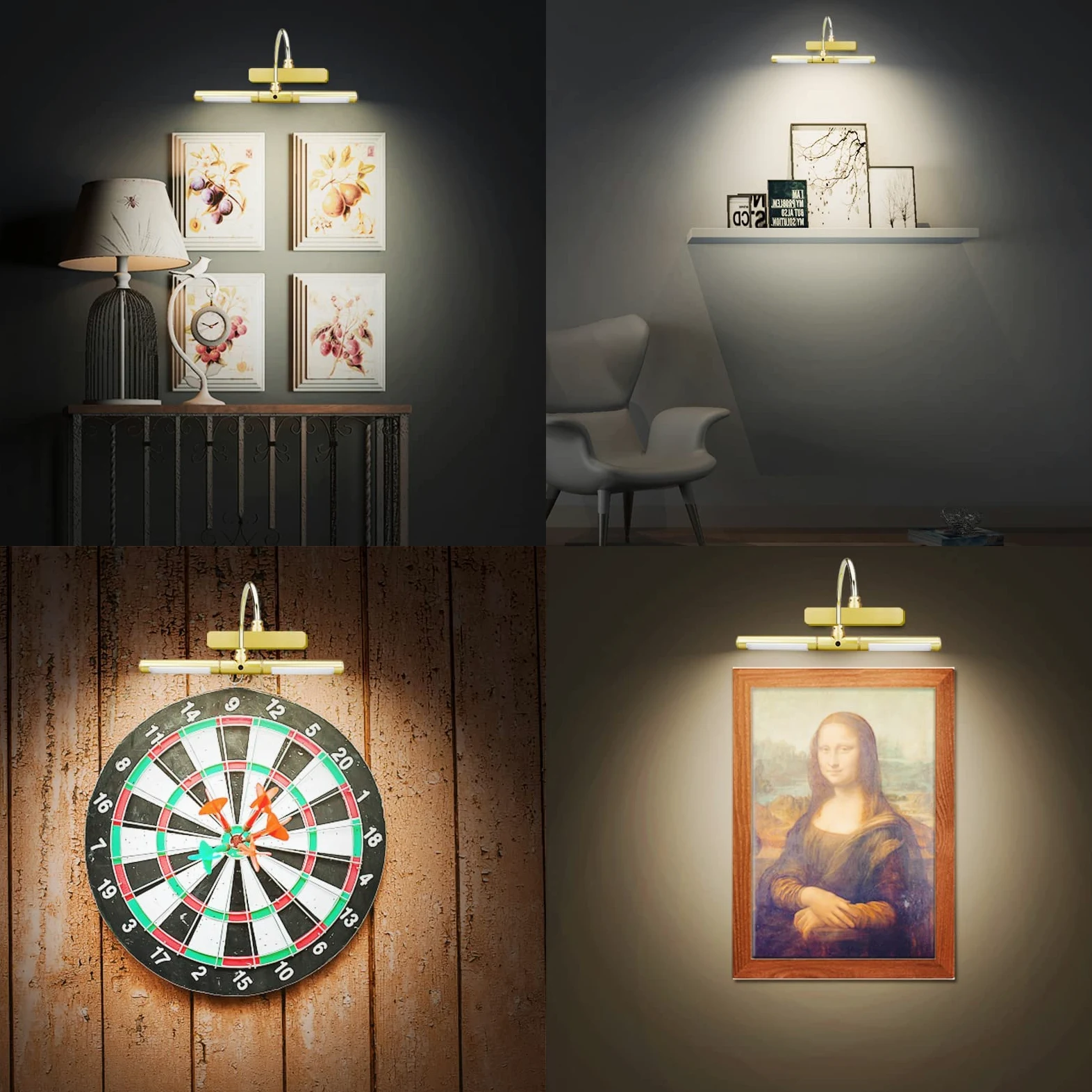 BIGLIGHT Lampada per Quadri,Luci Specchio con Telecomando,batteria Luci a Pittura Parete con 33 cm braccio oscillante a 180¡ã dimmer di luminosit¨¤ per Lampada da Specchio Bagno,oro