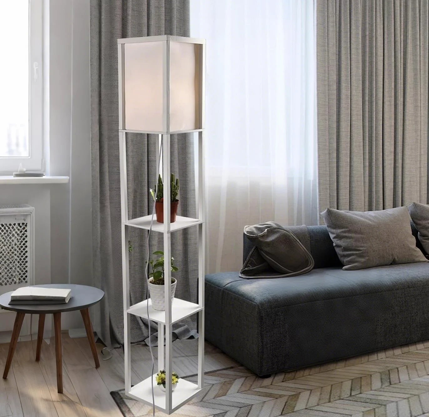 YU YUSING Lampada da Terra con Scaffale in Legno, Piantana con 3 Ripiani
