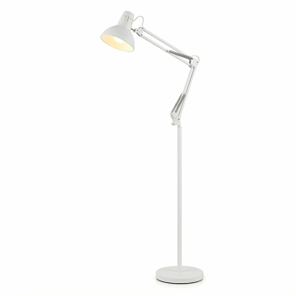 MAKA Lampada da Terra Moderna Piantana per Soggiorno Luce Lettura Orientabile Metallo Presa E27 Lampada da Ufficio Design Minimalista Illuminazione Interni Base Stabile 28x28x115cm 5kg (Bianco)
