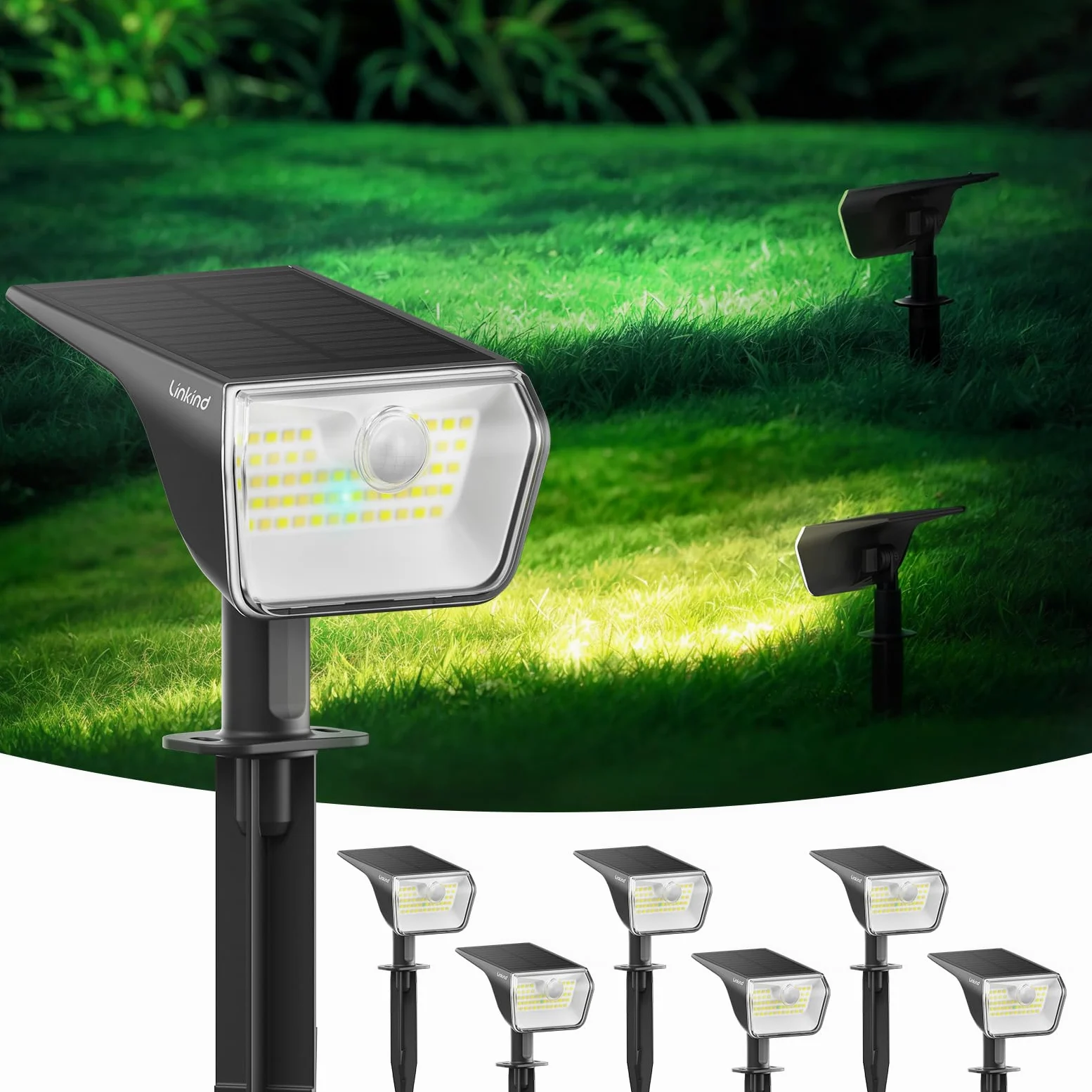Linkind lampade solari 2 in 1 Luci Solari Esterno Giardino con Sensore di Movimento,3000K & 6500K, 60 LED faretti energia solare da esterni con indicatore di carica,impermeabili IP67,6 Pezzi
