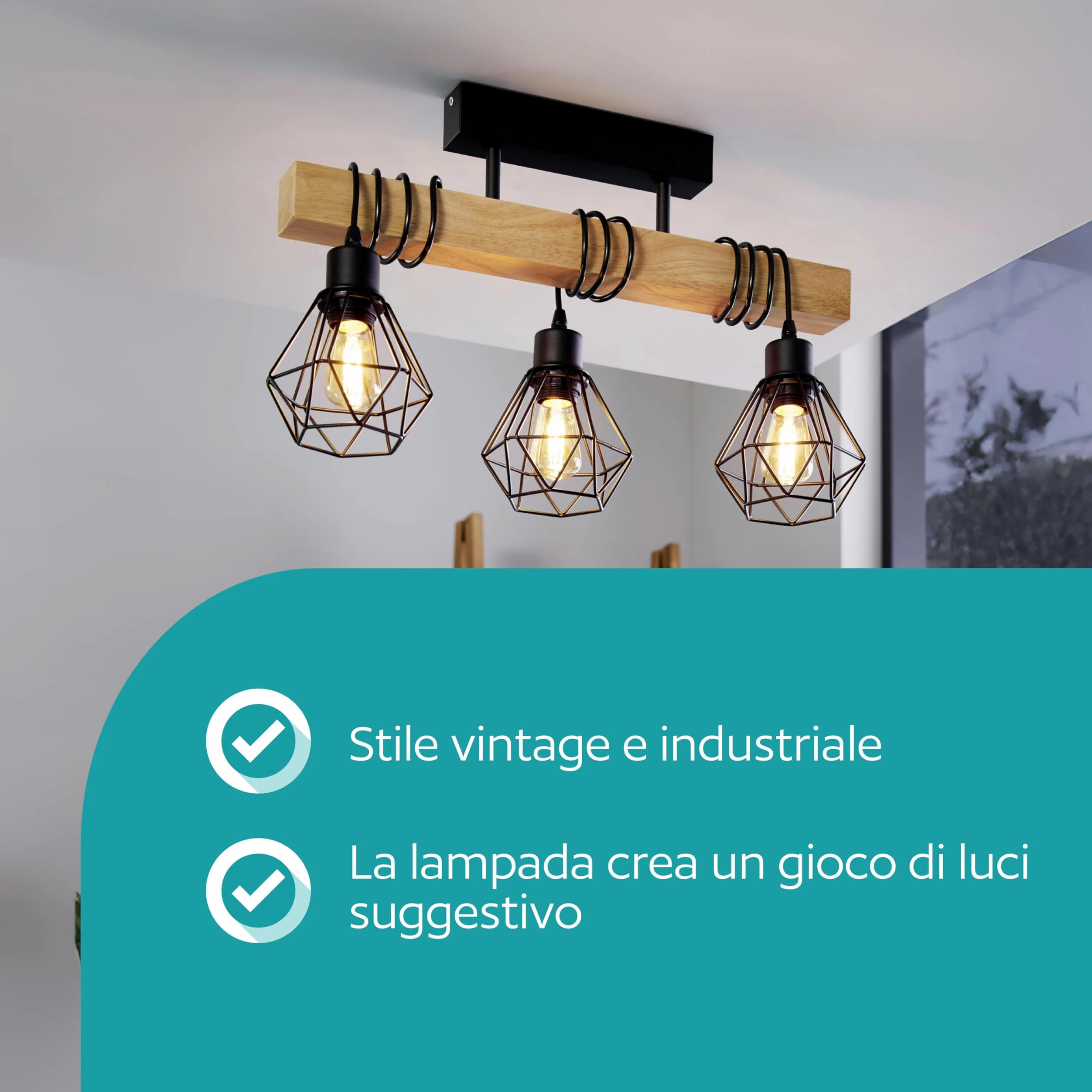 Eglo Lampada da soffitto Townshend 5, plafoniera vintage a tre punti luce, plafoniera dal design industriale, lampada a sospensione retrò in acciaio e legno, nero, marrone, E27