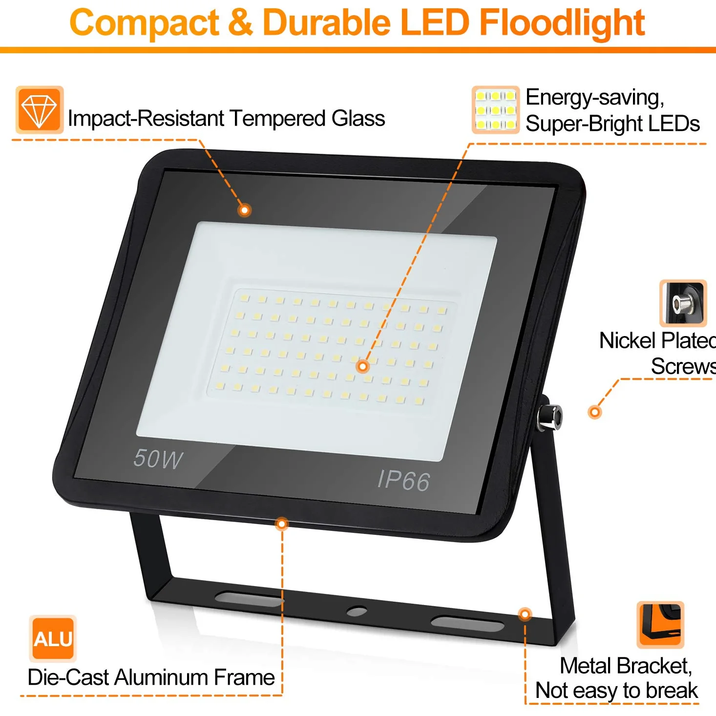 Faretto LED da Esterno 5x50W, Super Luminosa 4250LM Proiettore Lampada Luce Potente Bianco Caldo 3000K, IP66 Impermeabile Per Piazzale, Parcheggio (Nessuna Spina)