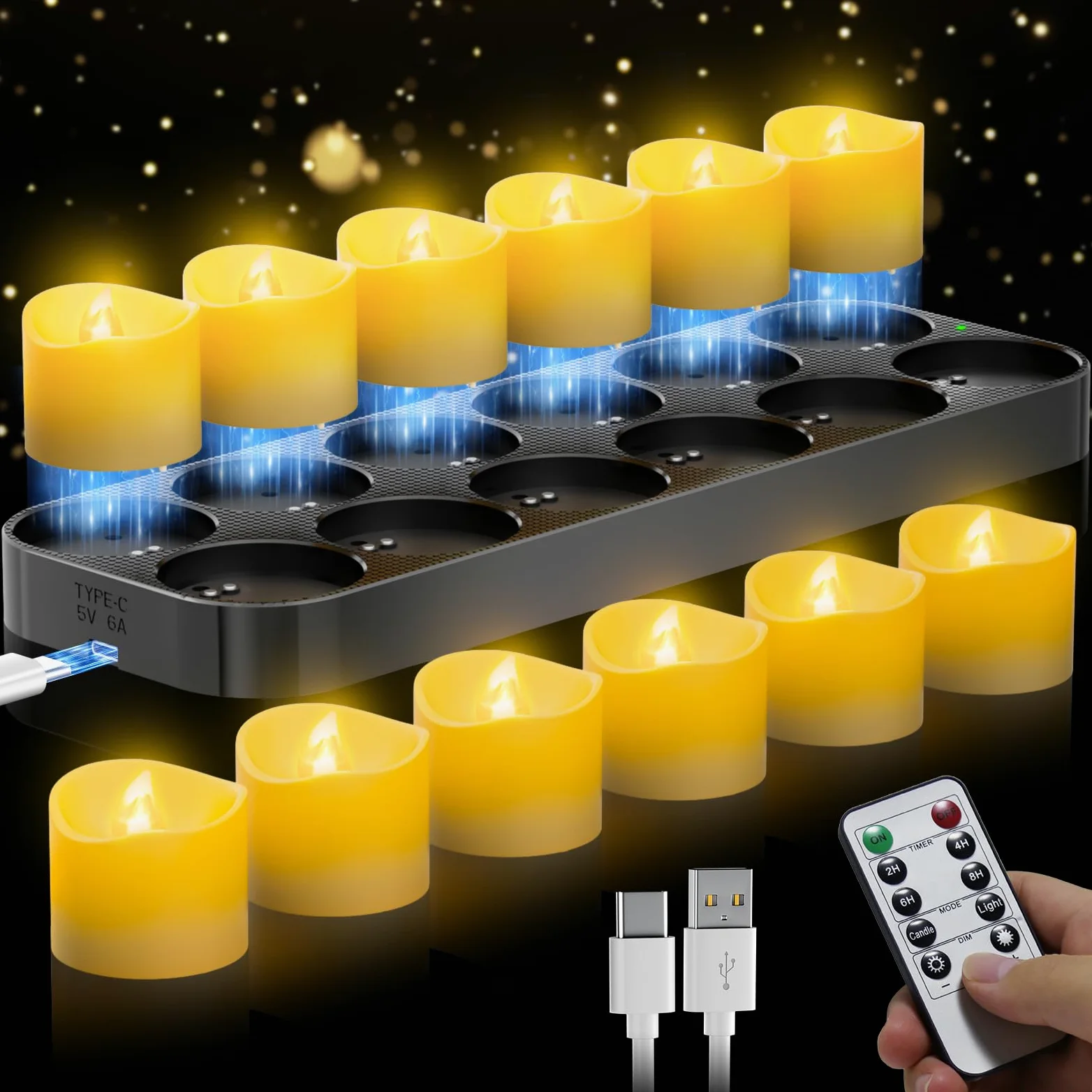daphomeu 12 lumini a LED ricaricabili con telecomando e funzione timer, stazione di ricarica magnetica, funzionamento 100 H+, candele elettriche tremolanti per decorazioni natalizie e decorazioni da