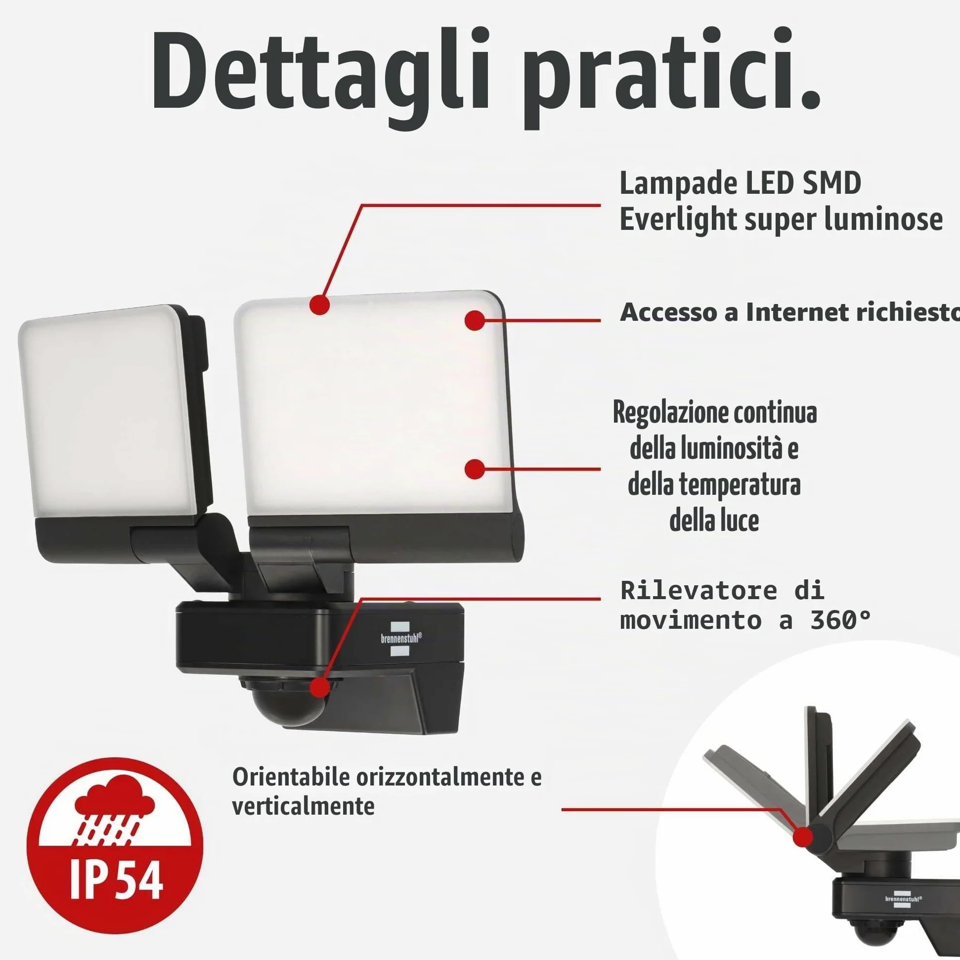 Brennenstuhl Connect WiFi Faretto LED doppio WFD 3051 P con rilevatore di movimento (36 W, 4300 lm, IP54, varie funzioni di luce regolabili tramite app, faretto da esterno per montaggio a parete)