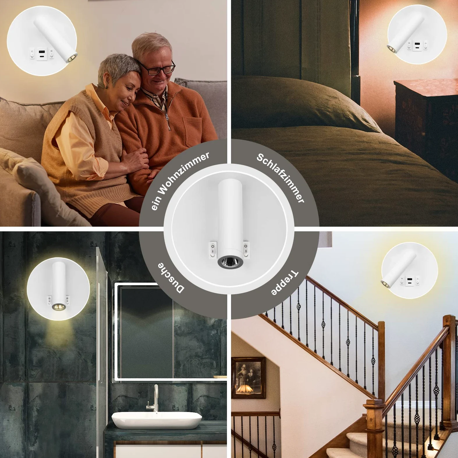 LED Lampada da Lettura USB Tipo-C Due Interruttore di Bocca di Carica Regolabile 12W LED Spotlight 3000K Lampada Da Parete In Alluminio Lampada Da Letto Rotabile (Tondo bianco)