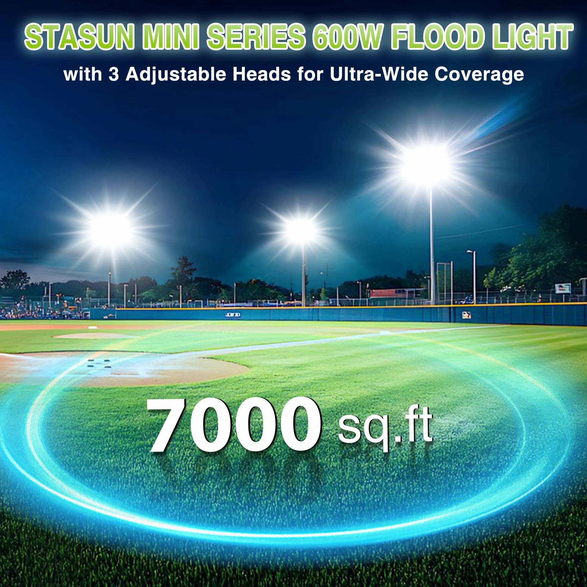 STASUN Luce di inondazione a LED per esterni, 600 W, 60000 lm, illuminazione esterna, 6000 K, luce bianca diurna, IP66, impermeabile, per esterni, luce di sicurezza esterna, con 3 teste regolabili per