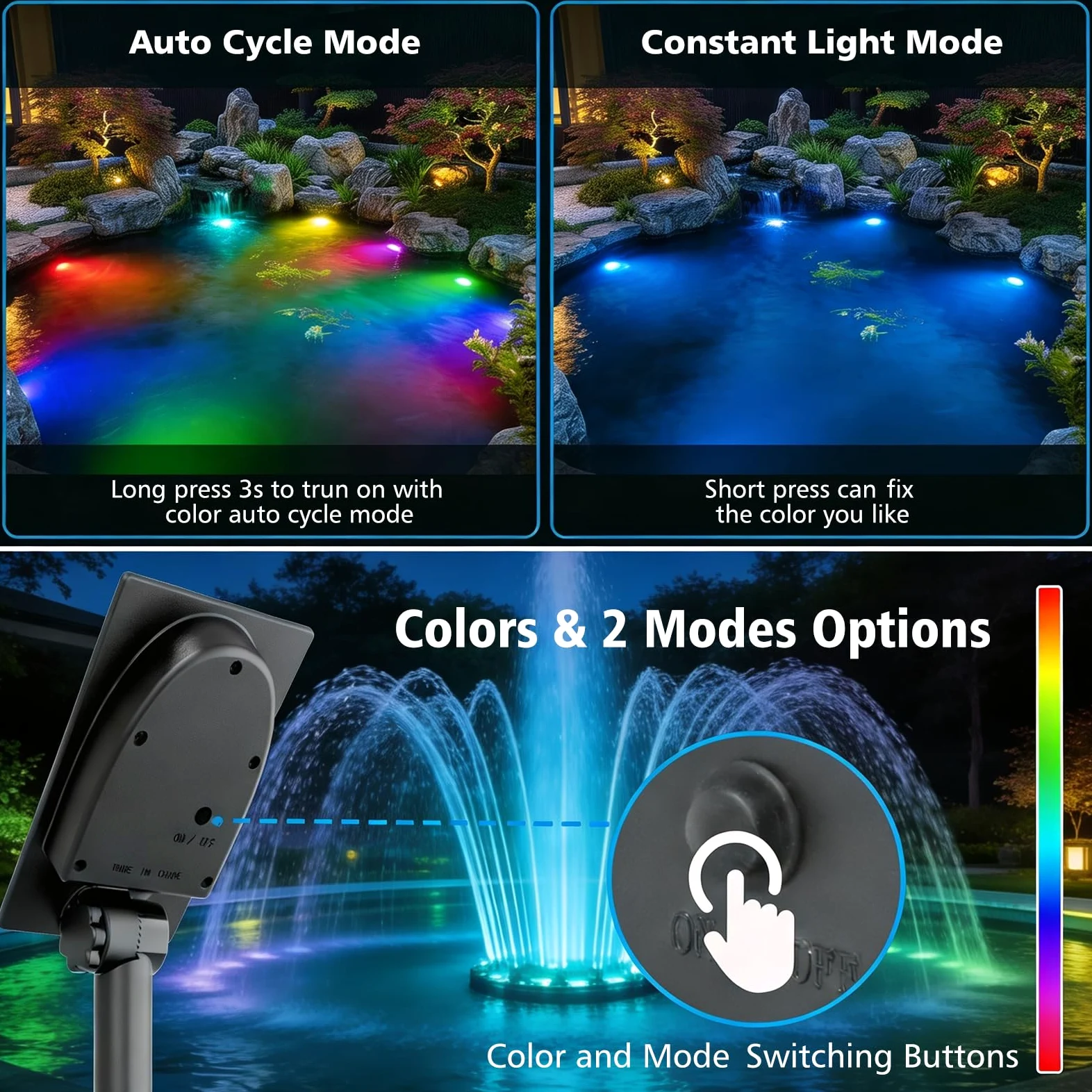 T-SUN Luci Solari per Laghetti 5 in 1 RGB Luce Solari Per Laghetti Faretto Solare per Esterni RGB Lampada Solare Sommersa Con 2 Modalità, IP68 Impermeabile, Per Giardino, Albero, Patio, Stagno