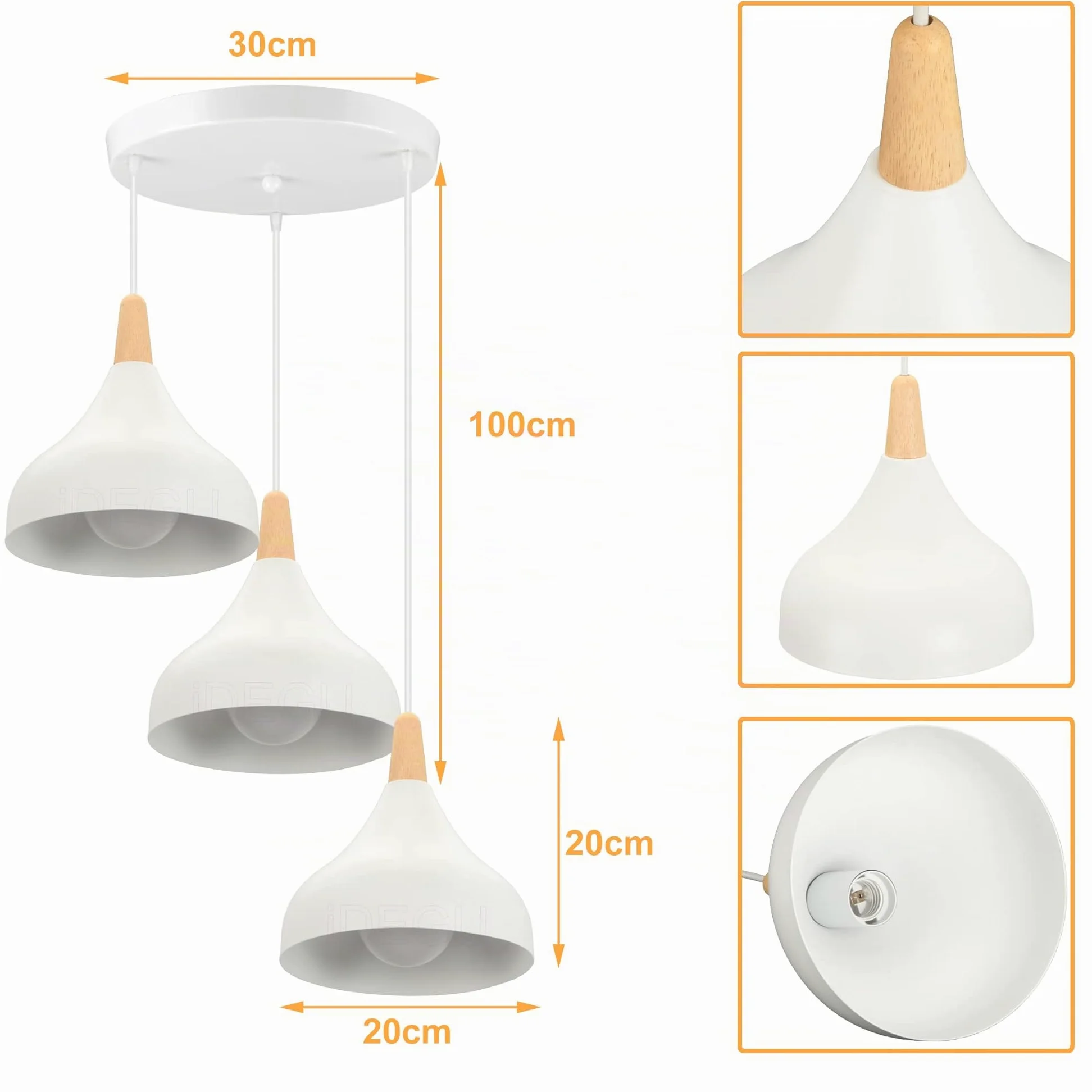 iDEGU 3 Luci Lampadario a Sospensione Retrò LED Lampada a Soffitto in Legna Metallo Moderna Lampada a Sospensione Stile Scandinavo Plafoniera per Soggiorno Camera Sala da Pranzo (Bianco, Rotondo)