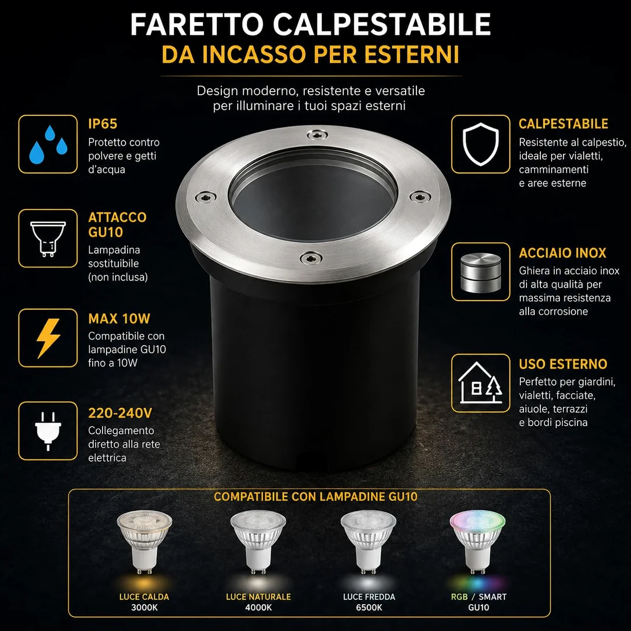 Faretto Calpestabile tondo GU10 da Incasso per Esterno IP65 Acciaio Inox 220V per Vialetti Giardini (4 pezzi)