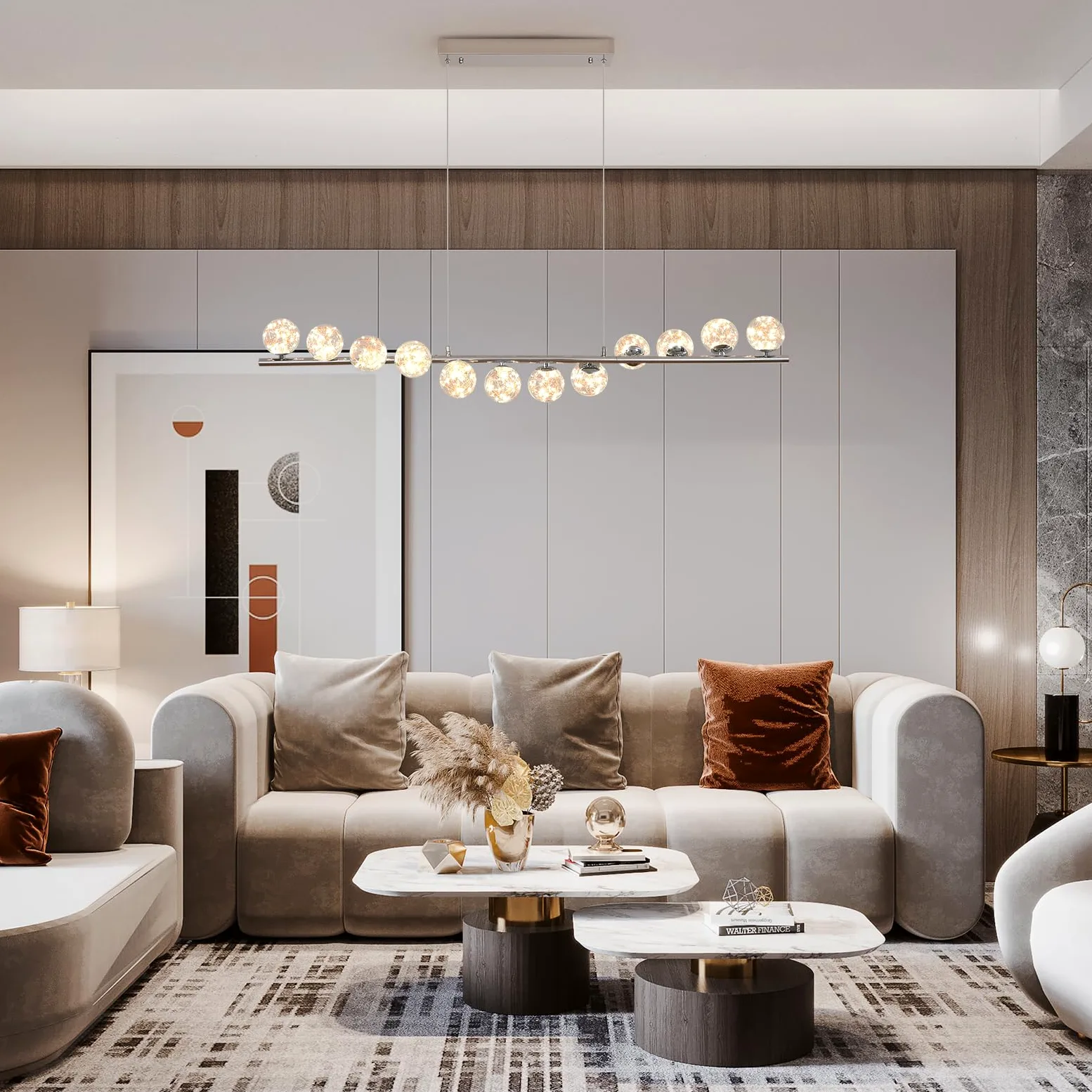 GEADI LED Lampadario Cromato, 120CM Lampada a Sospensione Moderna per Tavolo da Pranzo con 12 Globi di Vetro, Plafoniere a Soffitto Regolabile, Lampadari Lungo per Sala da Soggiorno, Cucine, Salotto