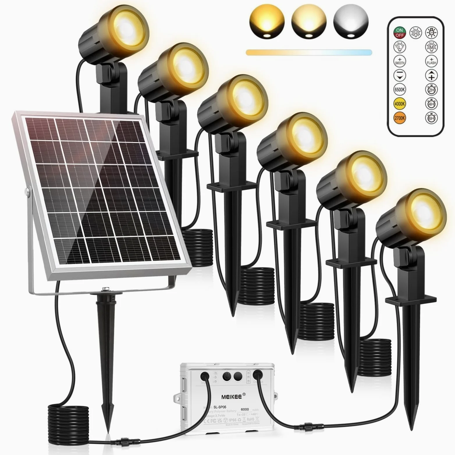 MEIKEE Faretti Solari Esterno, 6 in 1 Faretto Solare LED da Esterno Impermeabili IP66, 6W 6000mAh Luci Solari con Telecomando 2500K-6500K Dimmerabile 3 Luminosità 3 Modalità per Patio Prato Giardino