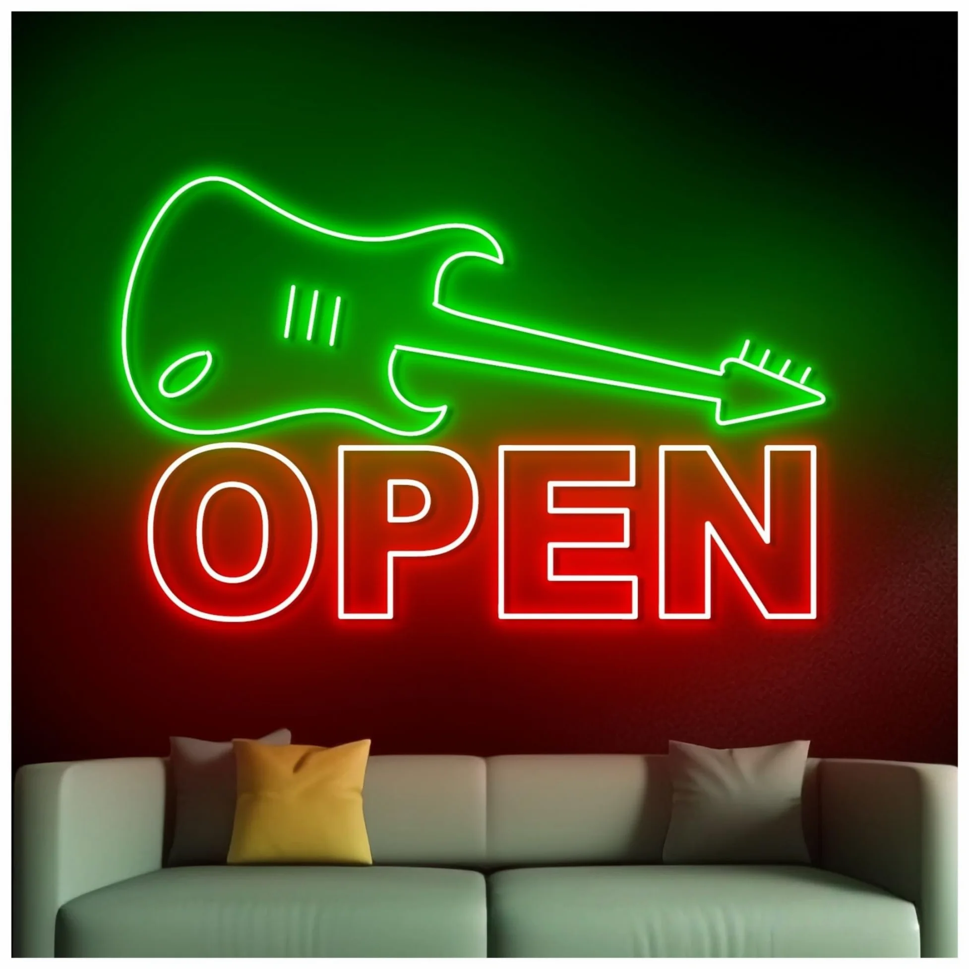 Insegna al Neon Insegna Al Neon Aperta Con Chitarra, Luce A LED, Strumento Musicale, Sala Musica, Negozio, Decorazione, Vetrina,ingresso Aziendale 60cm