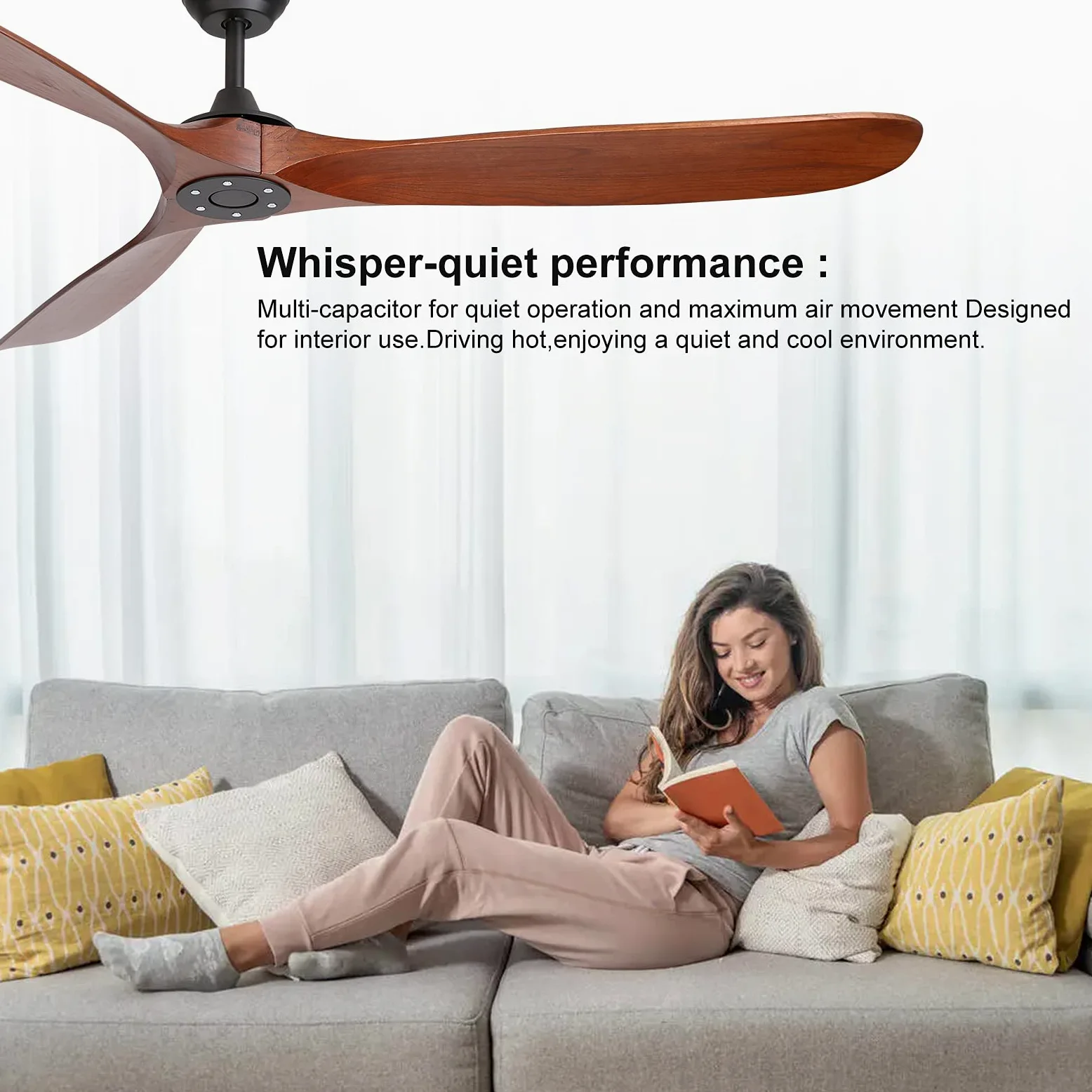 reiga 178 cm grande ventilatore da soffitto in legno intelligente senza luce, 3 pale per interni ed esterni, alta velocità d'aria, motore silenzioso, telecomando per soggiorno, veranda e portico