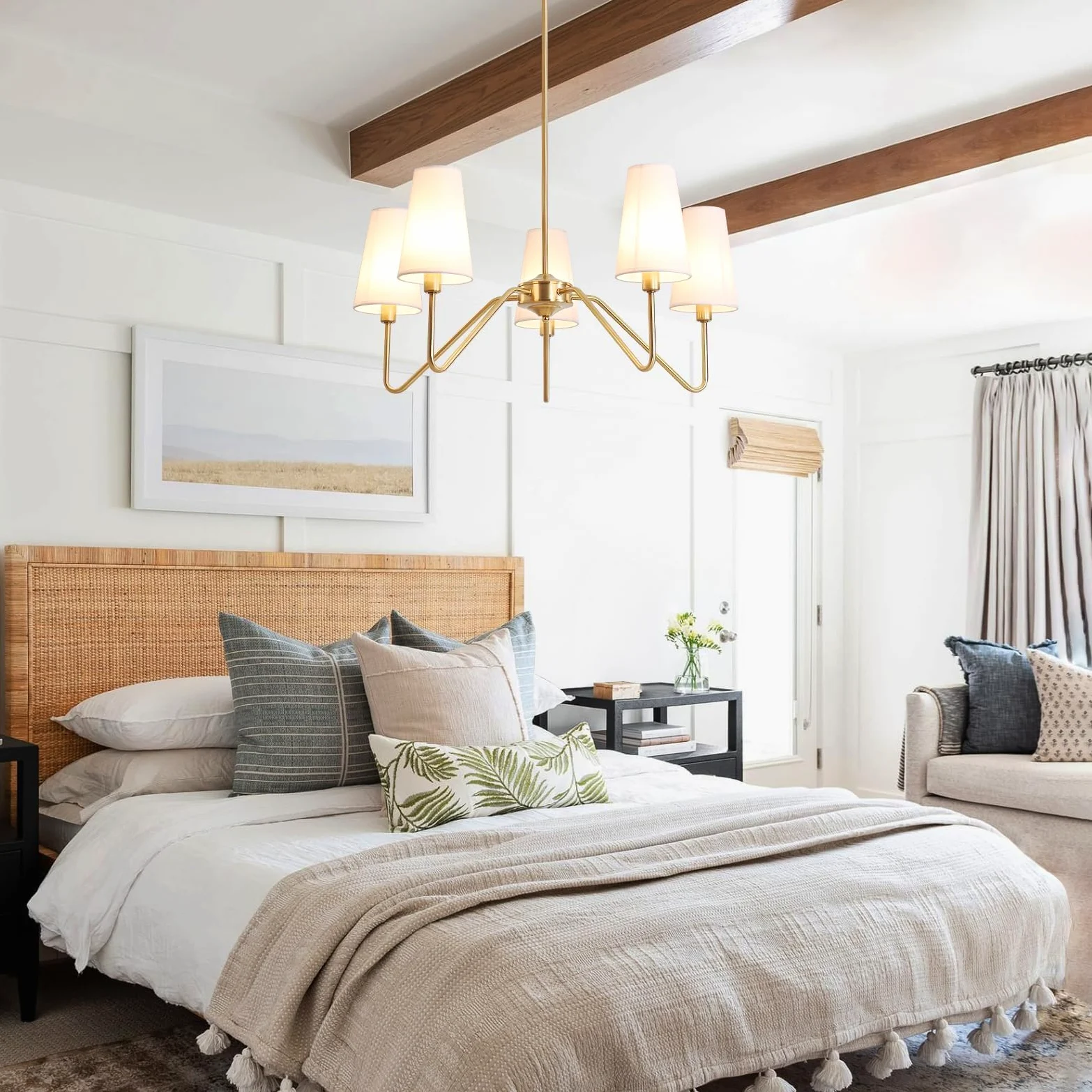 Lampadario Camera Da Letto 5 Luci Oro 76Cm E14 Classic Lineare 160W a Sospensione Con Paralume Bianca Di Lino Per Soggiorno, Cameretta, Cucina