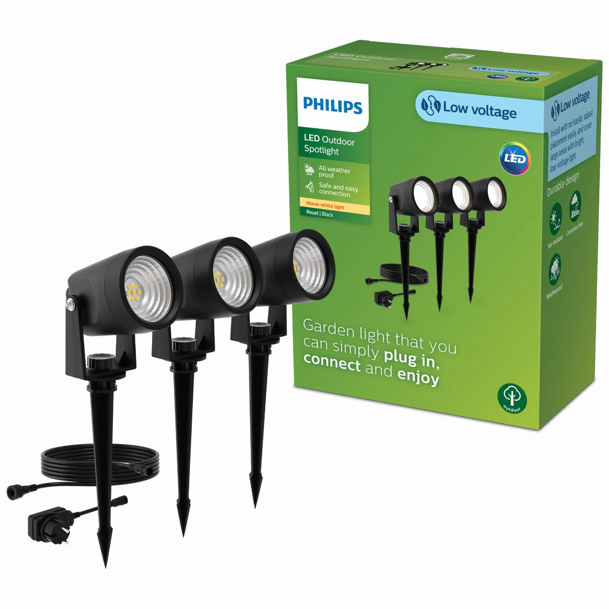 Philips GardenLink Reuel, Faretto per Esterni, 24 V, 2700 K, 180 lm, Nero, Starter Kit, Confezione da 3, presa UE
