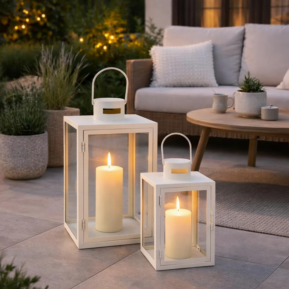 Mojawo Set di 2 lanterne da giardino XXL, lanterne in metallo, decorazione per esterni, in metallo, bianco crema, ca. 30/41 cm