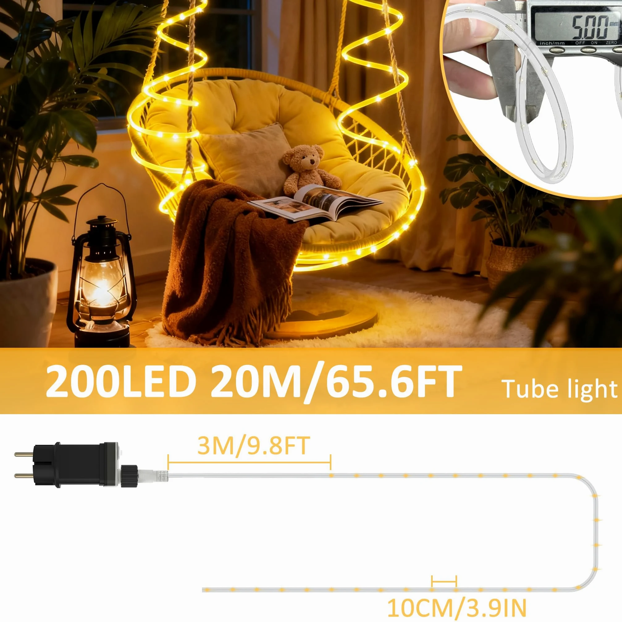 YRHome 20 m, 200 LED, tubo luminoso con spina, tubo esterno con timer, 8 modalità e dimmerabile, IP44, impermeabile, luce decorativa bianca calda, per interni, feste, Natale, giardino, terrazza
