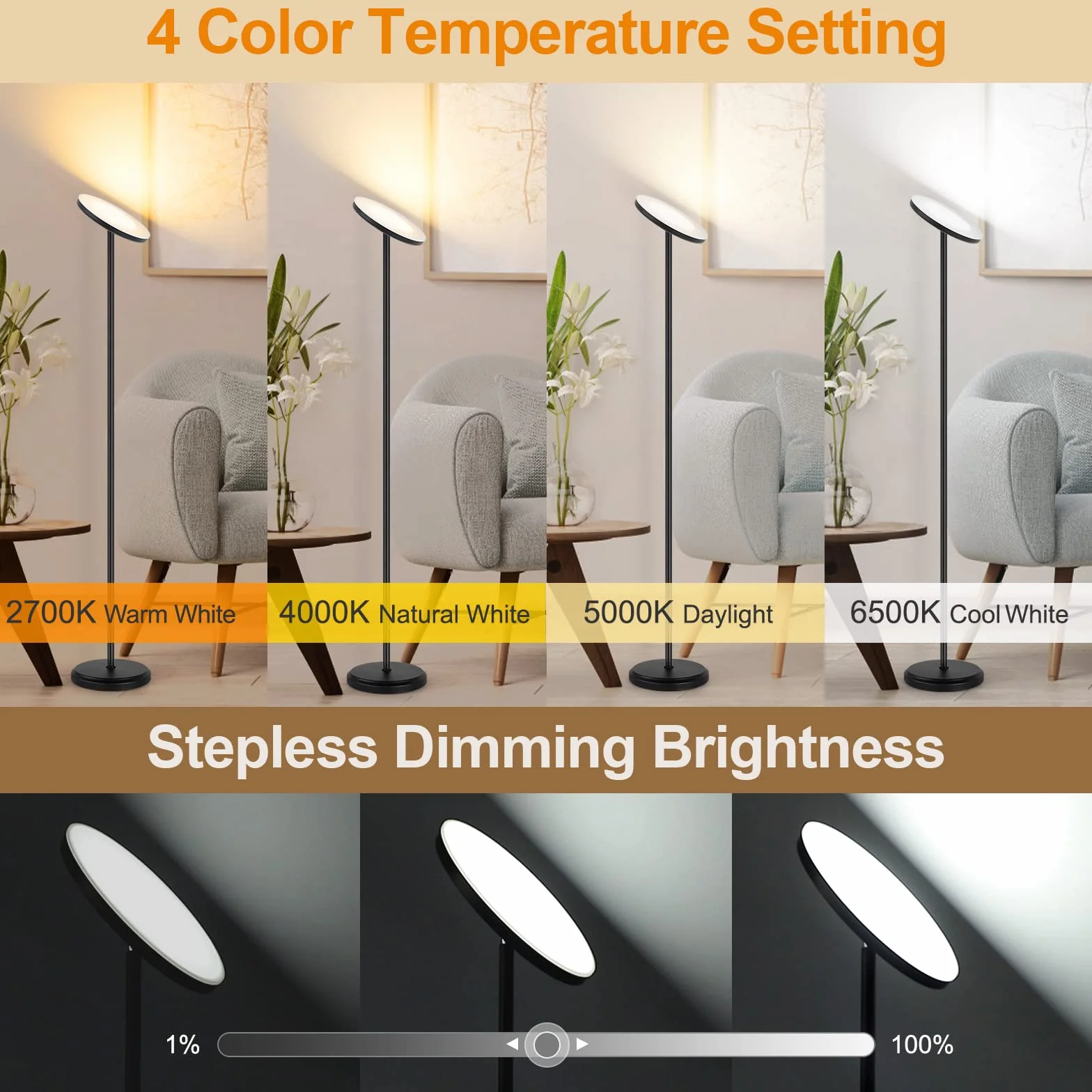 OUTON Smart LED Lampada da terra, 30W / 3000LM Lampada Luminosa Dimmerabile Compatibile con Alexa Google Home, WiFi Remote, Lampada da Terra Regolabile in Altezza per Soggiorno Camera da letto Ufficio