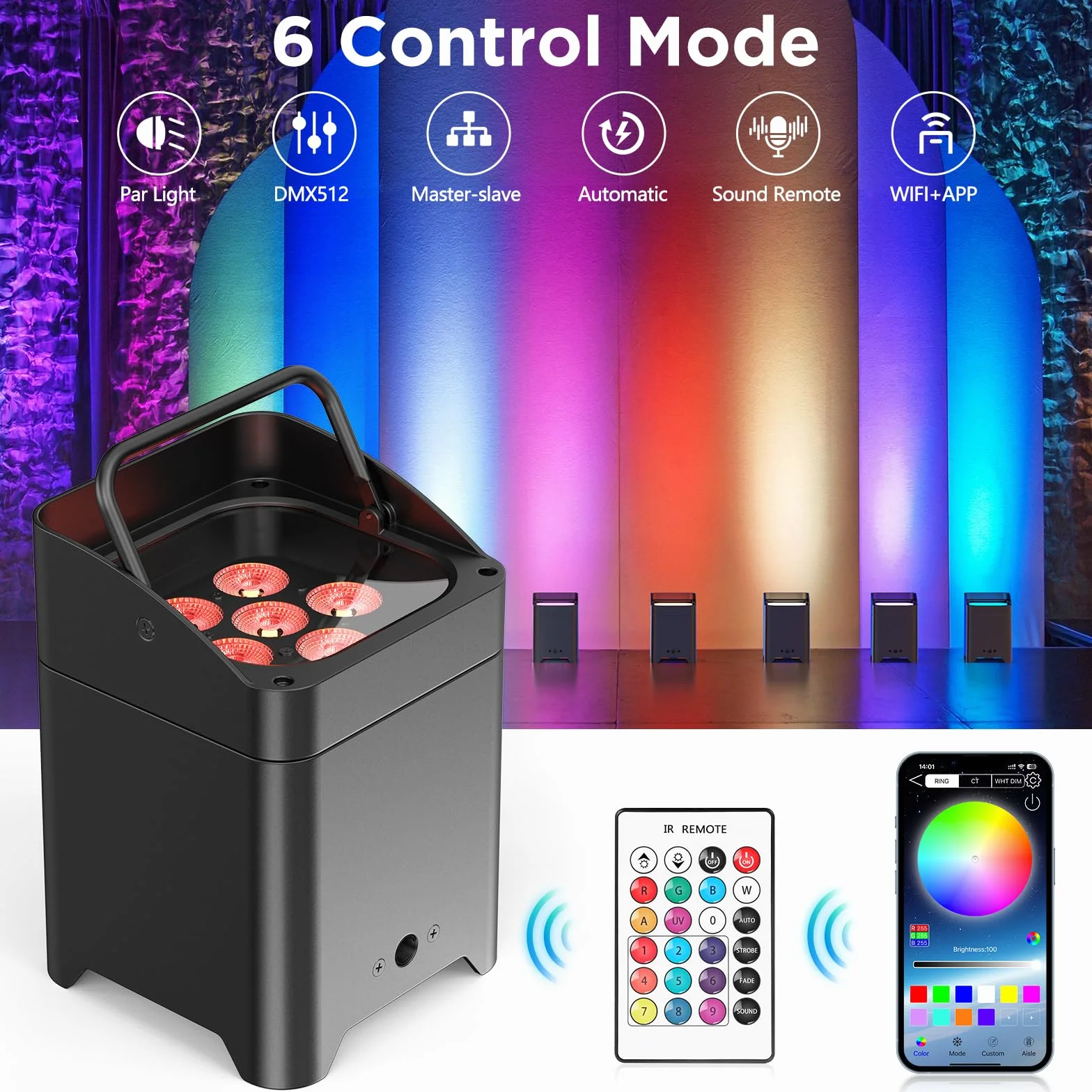 2 pezzi 108W RGBWA + UV LED proiettore batteria illuminazione palcoscenica con telecomando/APP, DMX-6/10CH luce discoteca per festa DJ Halloween Natale