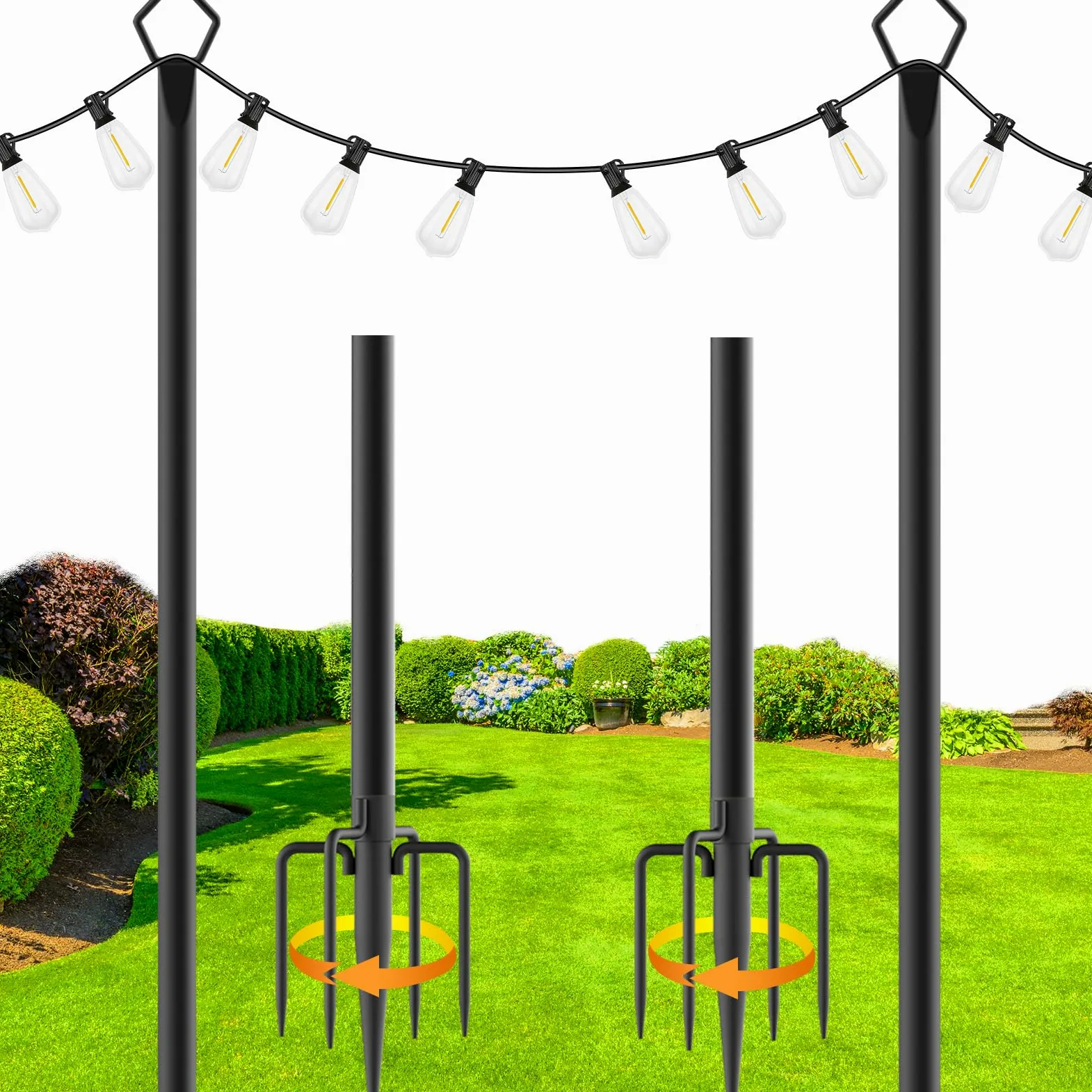 zoegi Confezione da 2 pali luminosi da 3 m, per luci esterne con forcella, staffe per esterni, supporto in metallo per patio, cortile, matrimoni, terrazza, feste