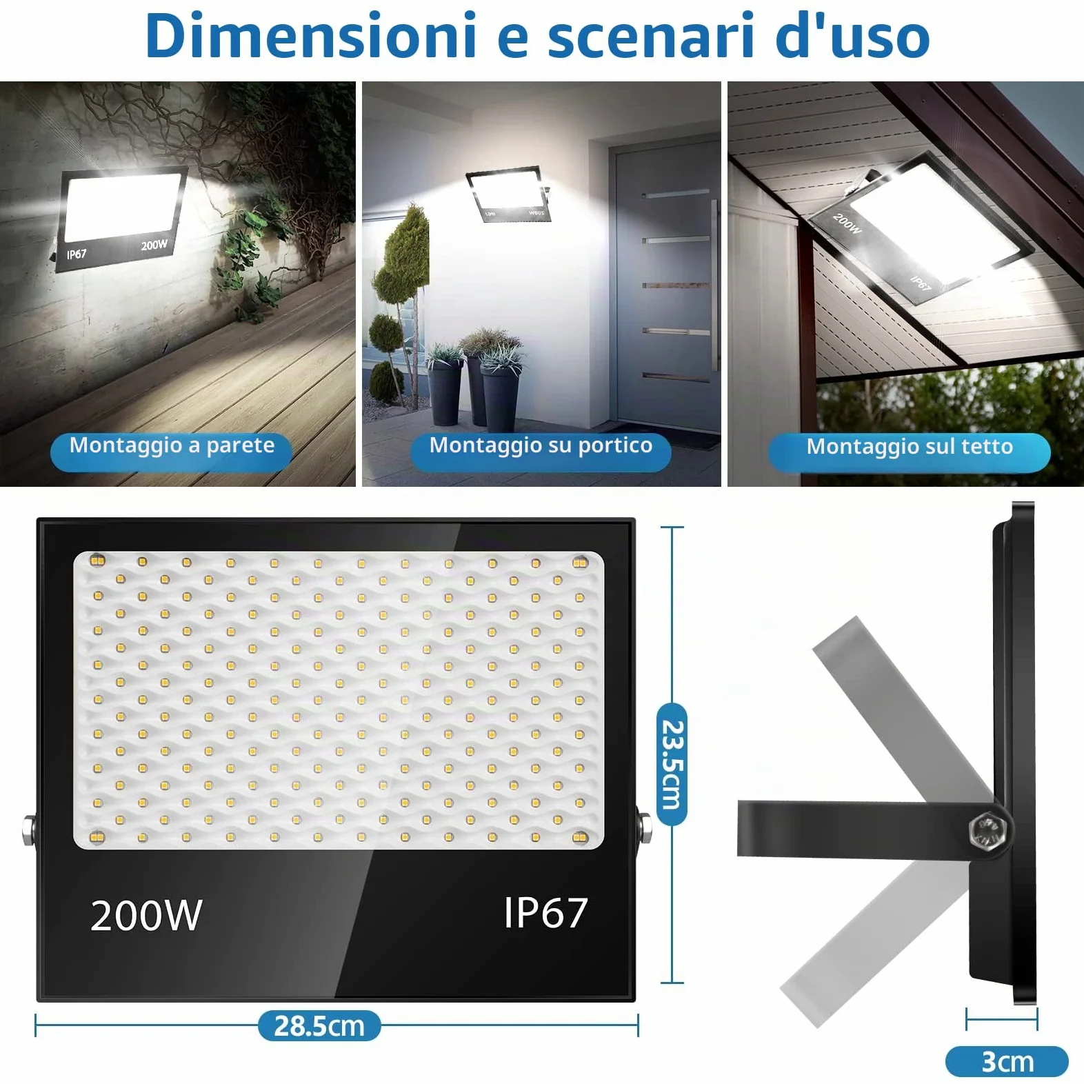 200W Faretto LED da Esterno, 20000LM 7000K Faretti LED,IP67 Impermeabile Super Luminoso Bianco Freddo Luce di Sicurezza per Casa, Cortile, Giardino, Palestra, Garage