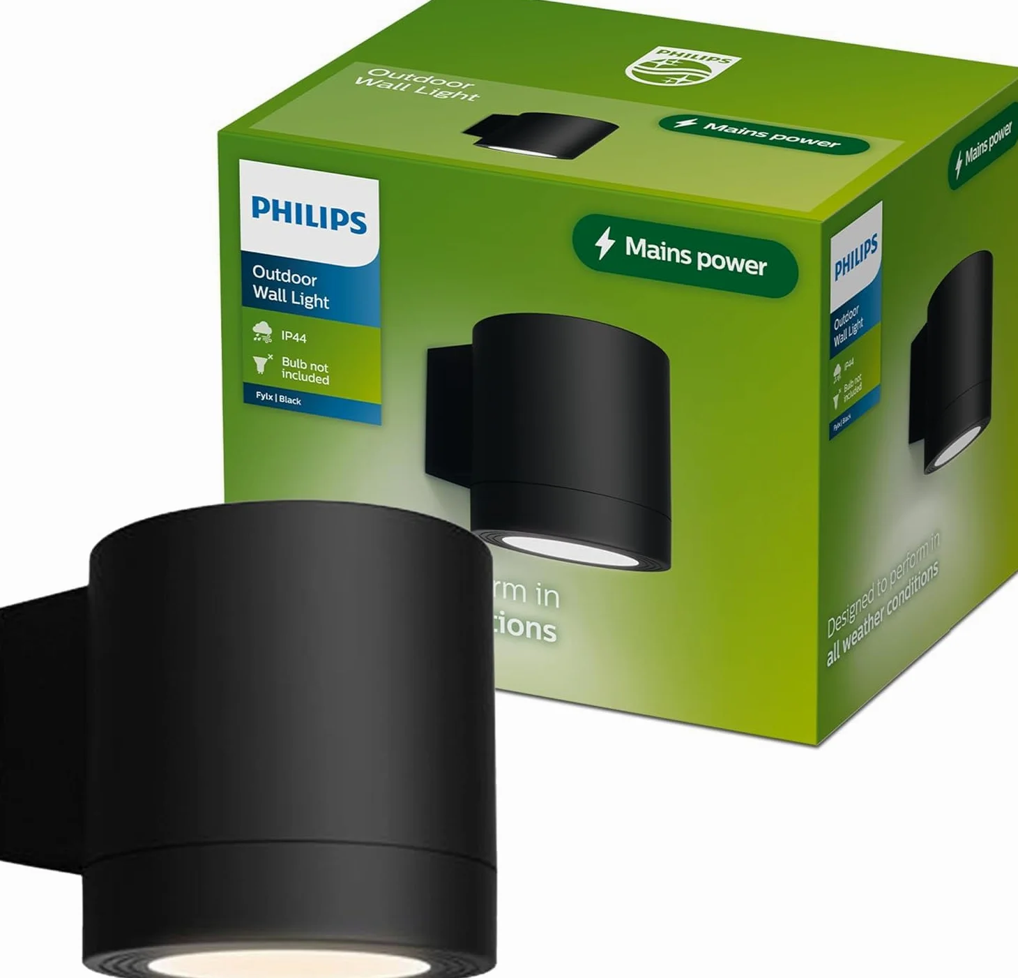 Philips Fylx Applique da Esterni + Lampadina LED GU10, Luce Bianca Calda, Resistente a Intemperie IP44, Durevole, Alluminio, Design Moderno, Nero