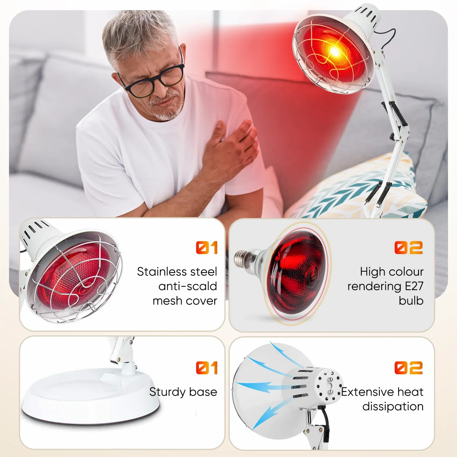AUOROSI lampada infrarossi 100W,Lampada riscaldante a luce rossa, 600nm-1400nm Lampada per fisioterapia,Infrarossi terapia per uso domestico,Bianca