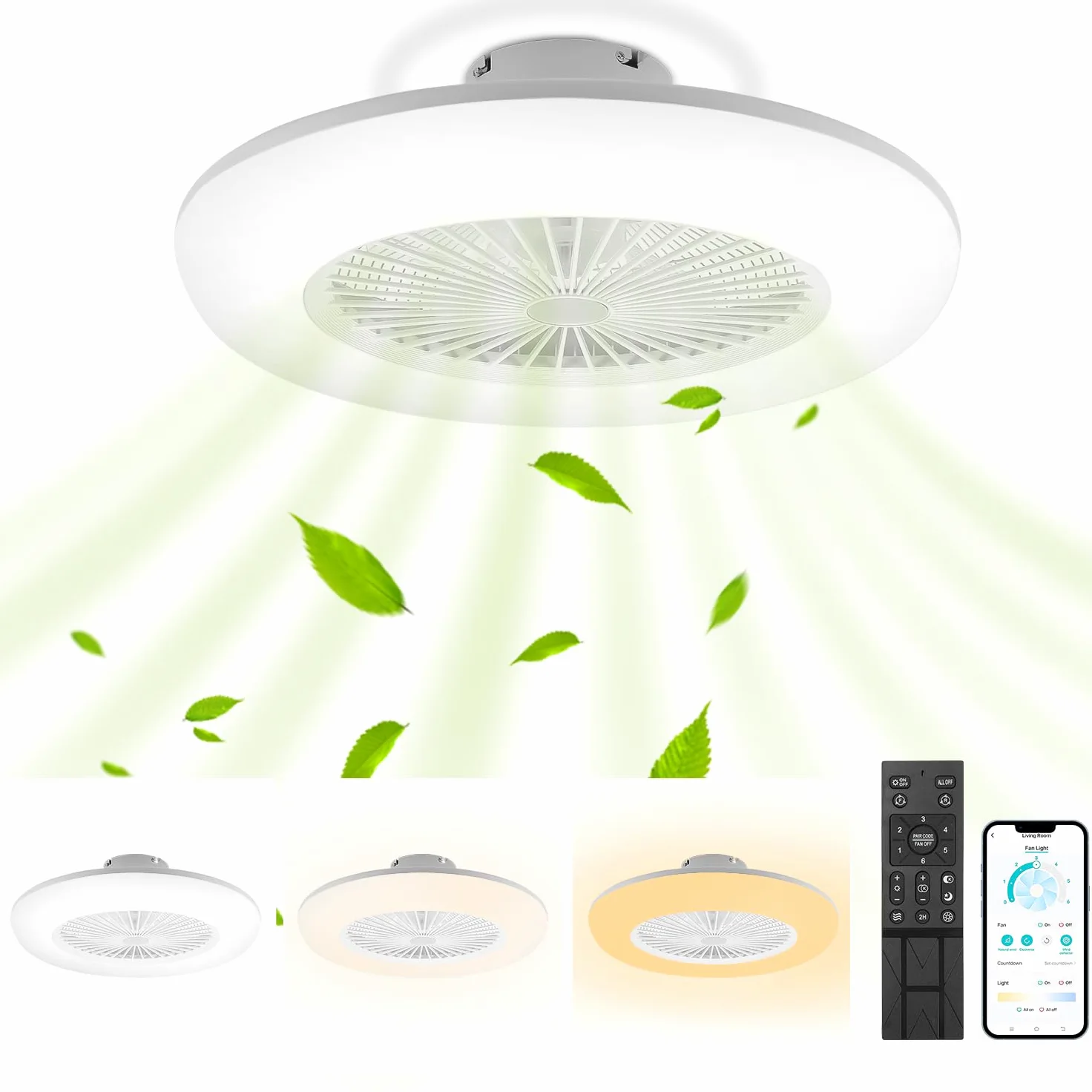 Fiqops Ventilatore da soffitto con illuminazione e telecomando 80 W, Wi-Fi Ø 55 cm, 6 velocità, dimmerabile, timer, funzionamento estivo invernale per camera da letto, soggiorno