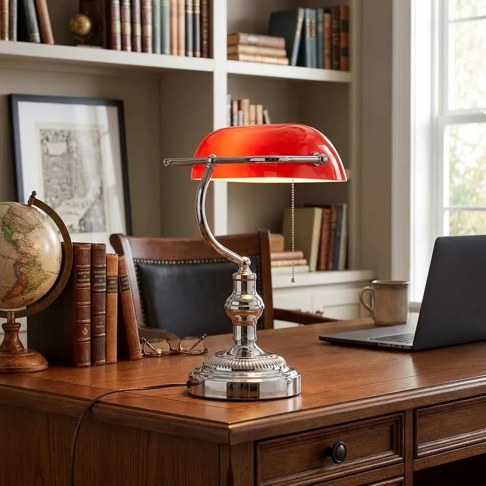 BARCELONA LED Lampada da Tavolo Banker Vintage E27 Paralume in Vetro Rosso Base Cromata Orientabile Luce da Scrivania Classica Stile Industriale Retrò Nordico per Ufficio
