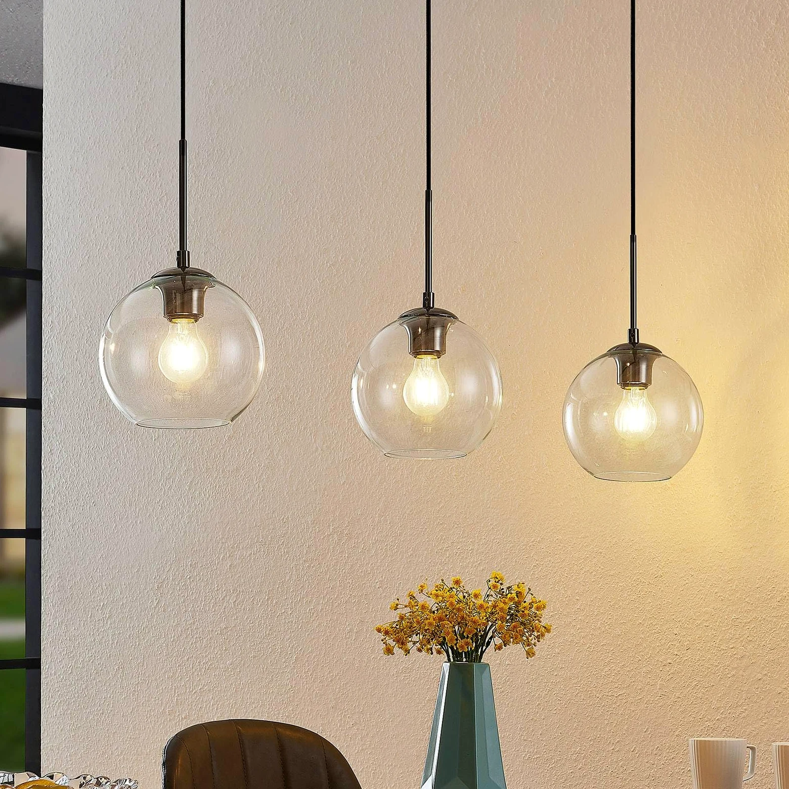 Lindby Lampadario a Sospensione 3 Sfere in Vetro 110 cm, Lampada Pendente Antracite Industrial Vintage 3x E27 Cucina Sala da Pranzo Soggiorno