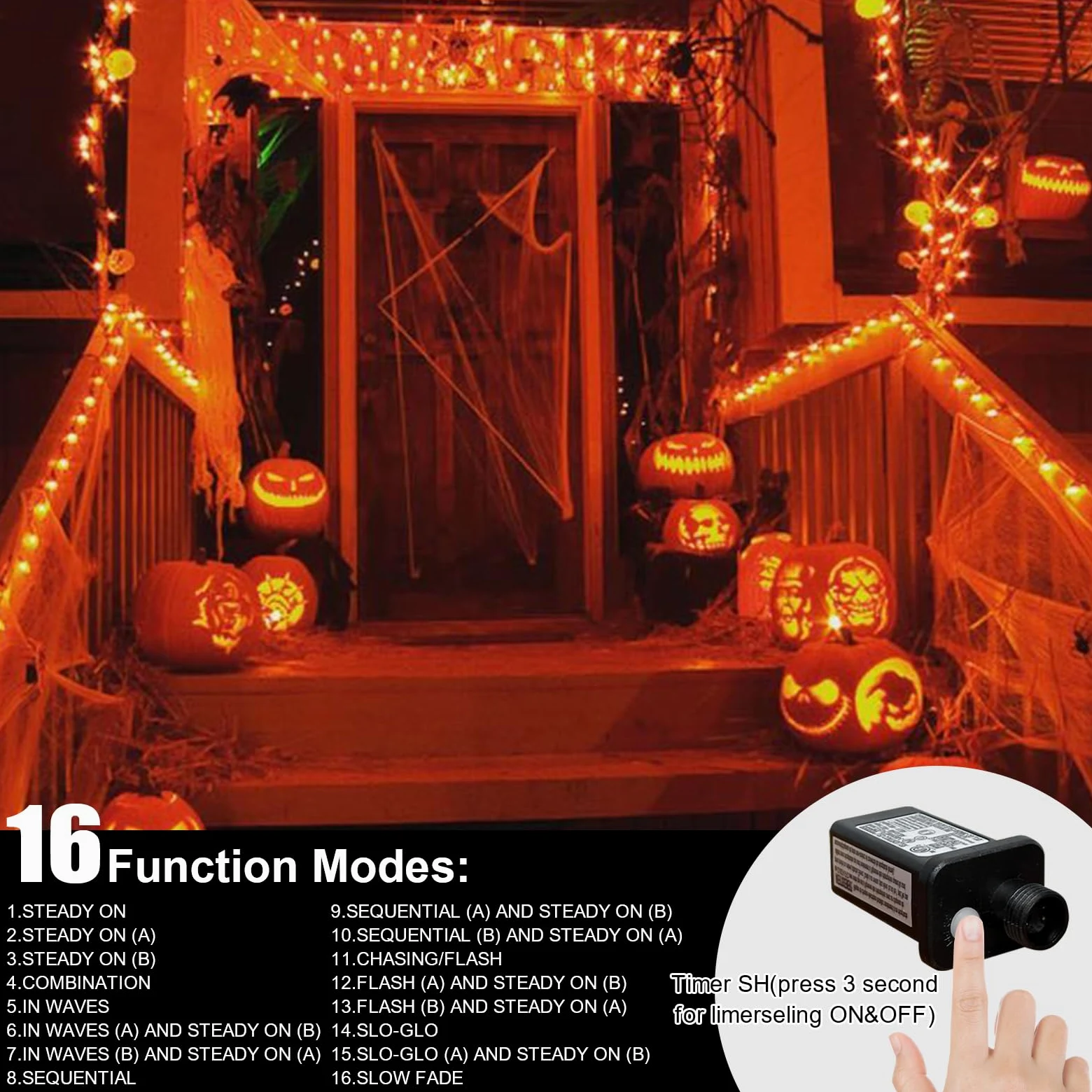 LAMPHOME 30 m di luci per Halloween, 300 LED trasparenti, filo stellato con spina, 16 modalità di illuminazione per interni ed esterni, albero di Natale, decorazione per feste di nozze (arancione)
