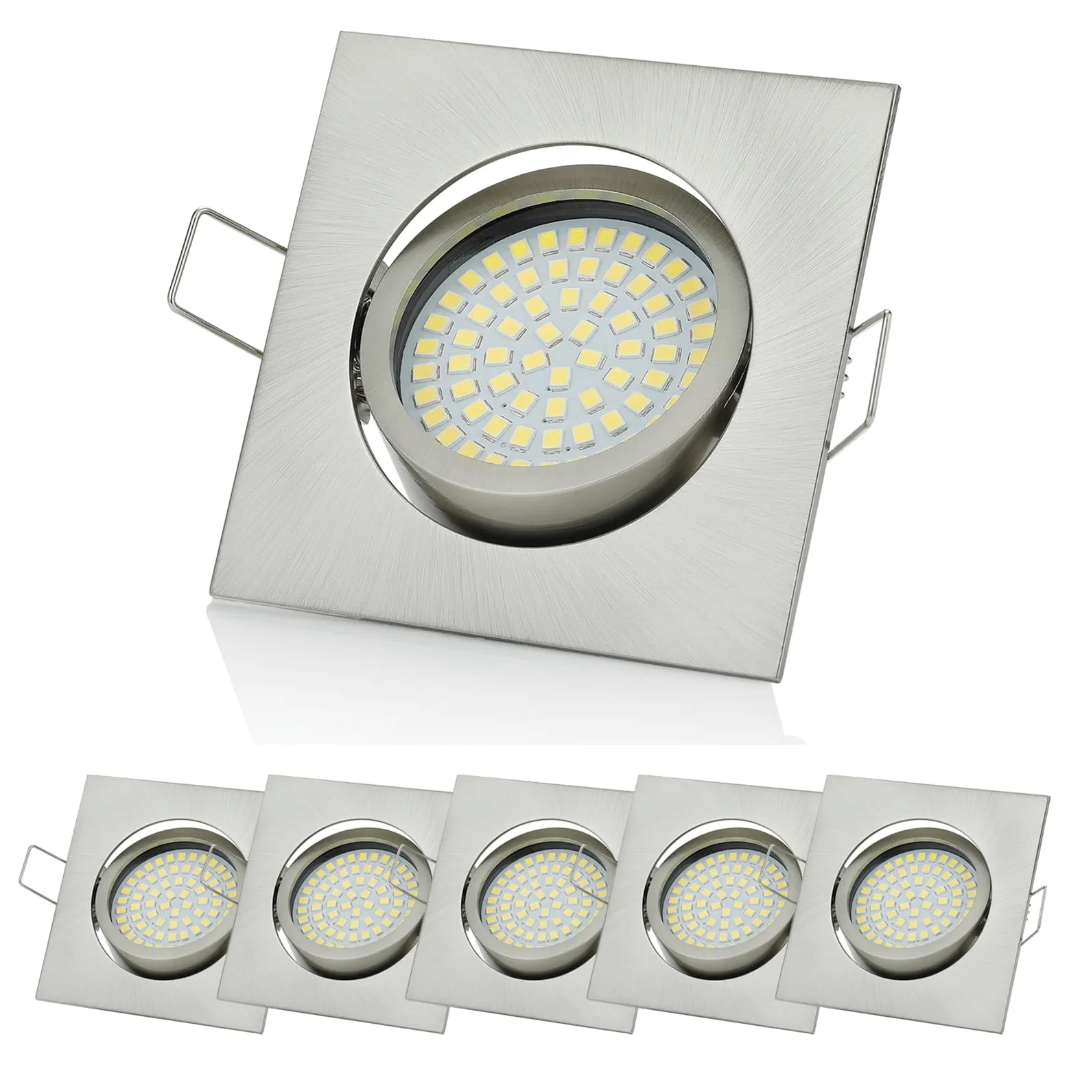 Sweet-led®, set di 6 faretti LED regolabili da incasso, 230 V, 5 W, orientabili, rotondi, cromo spazzolato, 400 lumen, 3000 K, a luce bianca calda moderno Eckig, Chrom Gebürstet, Kaltweiß