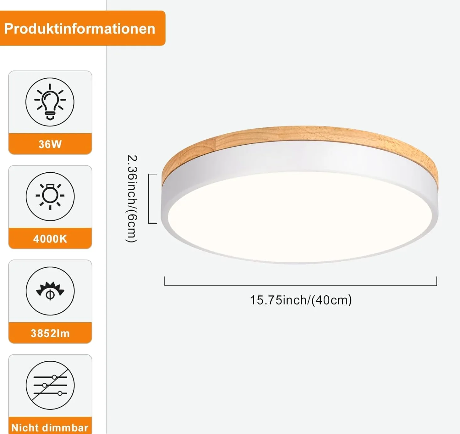 Qamra Plafoniera LED, Plafoniera Bianca 40cm, 36W | Lampada con Legno per camera da letto, soggiorno, cucina, corridoio, sala da pranzo, 4000K