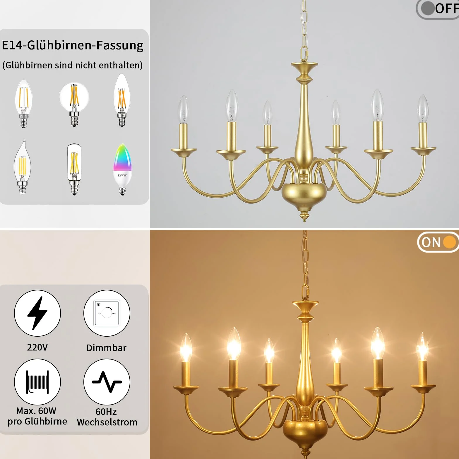 Lampadario dorato a sospensione vintage lampada a sospensione 6 luce lampada a sospensione soggiorno, lampadario sala da pranzo, lampadario industriale per cucina camera da letto, lampadina E14
