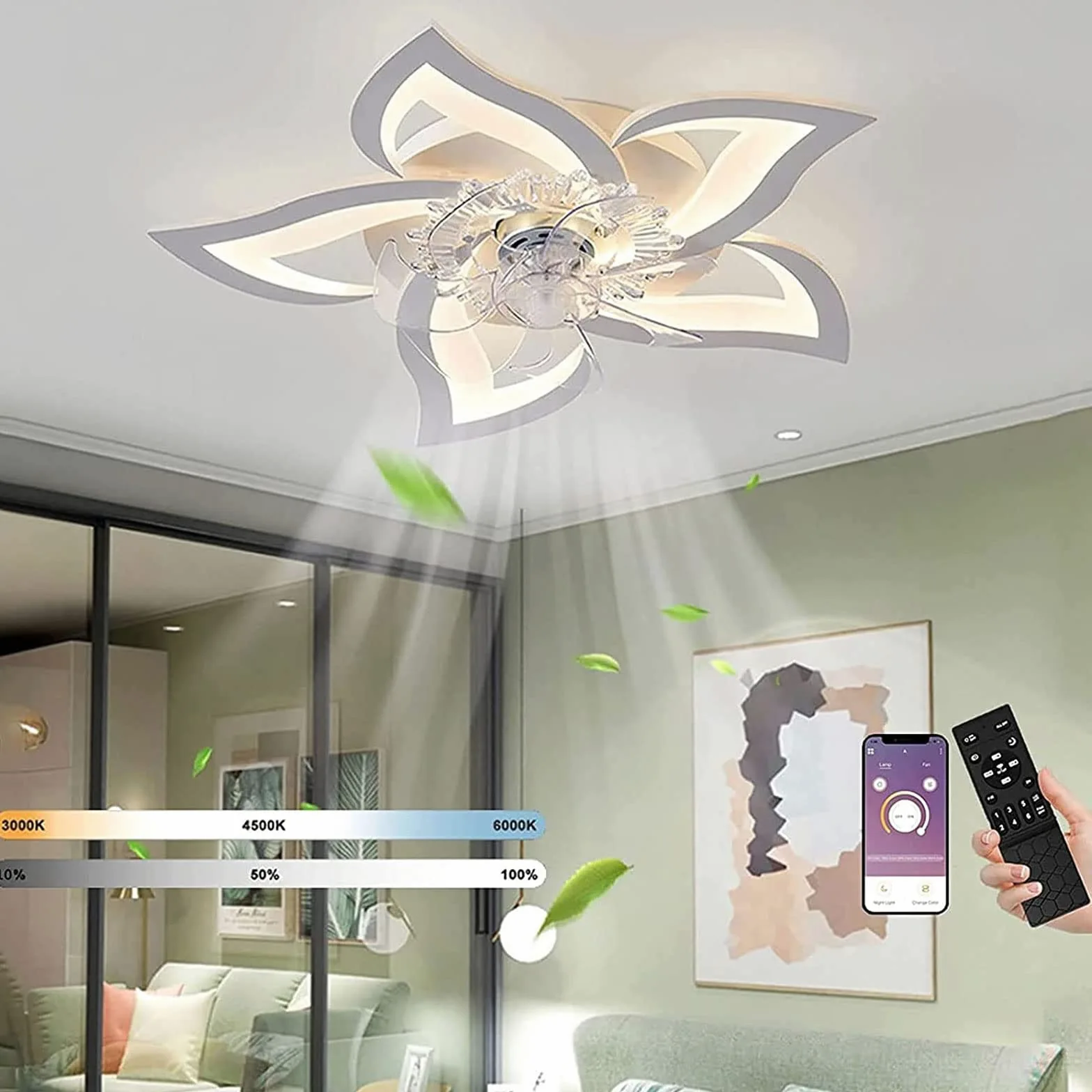 Ventilatore da soffitto silenzioso a LED con illuminazione,plafoniera da camera da letto 50W,con telecomando e lampada dimmerabile APP con ventilatore Paralume in acrilico a forma di fiore Lampade