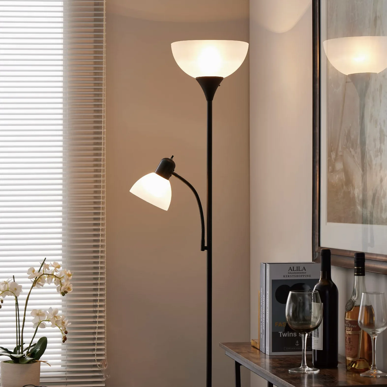 HonoDing Lampada da terra nera regolabile con luce di lettura Lampada da terra moderna per soggiorno/ufficio alta 72" - 10 watt con luce di lettura laterale Lampada ad angolo (nero)