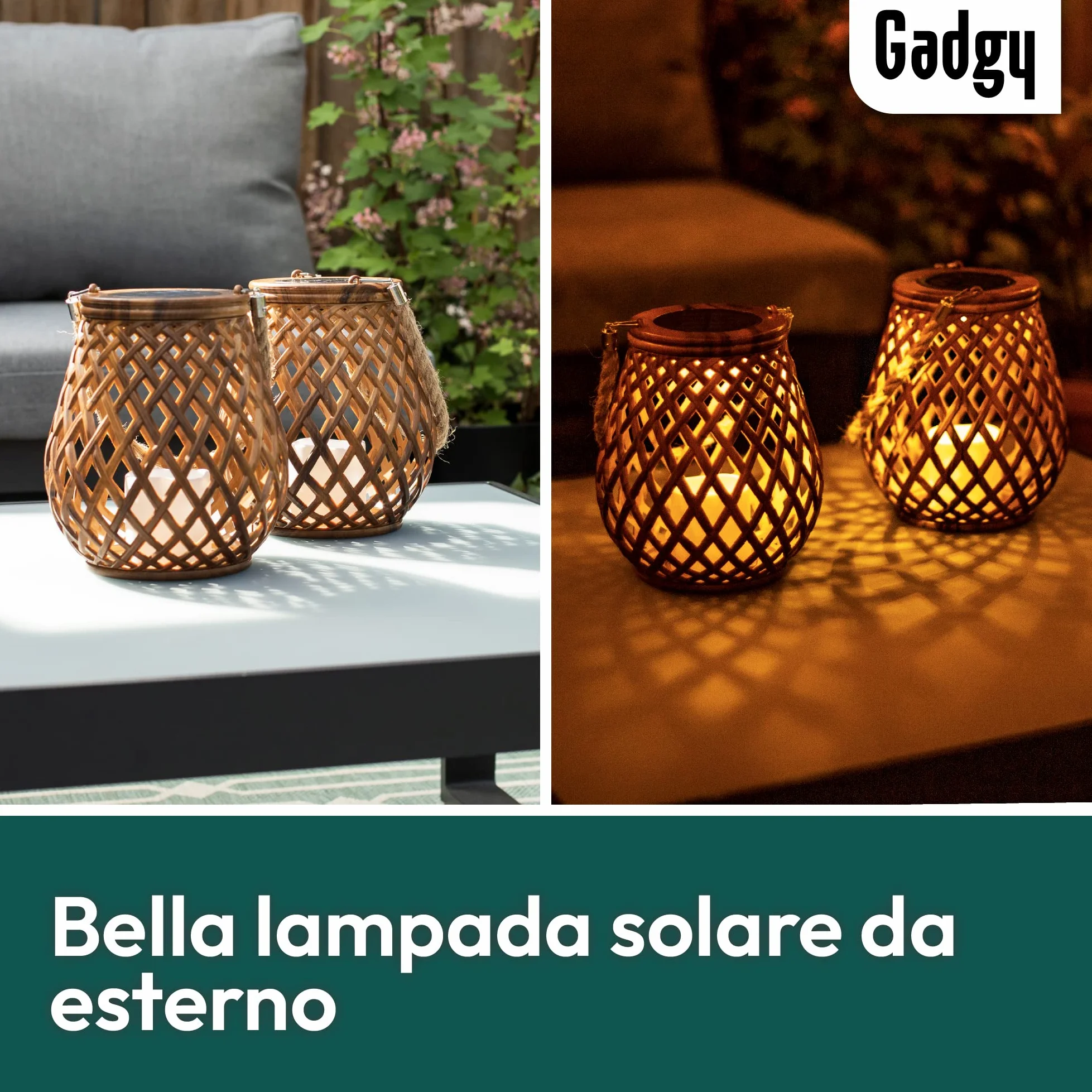 Gadgy Set di 2 lanterne solari in rattan, lampade a LED impermeabili per giardino, balcone e tavolo - Luci decorative alimentate a energia solare