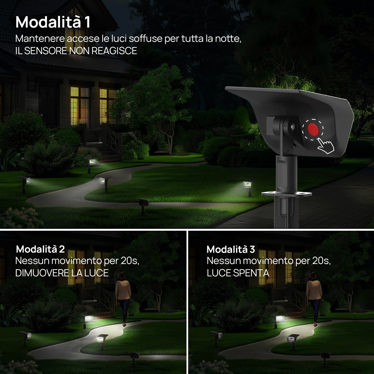 Linkind lampade solari 2 in 1 Luci Solari Esterno Giardino con Sensore di Movimento,3000K & 6500K, 60 LED faretti energia solare da esterni con indicatore di carica,impermeabili IP67,6 Pezzi