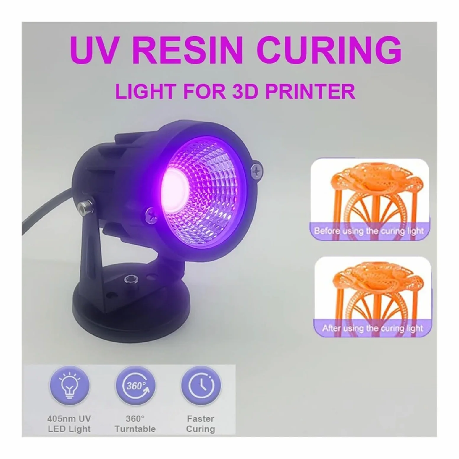 Lampada per polimerizzazione UV Lampada polimerizzante for resina UV for stampante 3D SLA/DLP/LCD Solidifica resina fotosensibile 405nm Luce LED UV con spina Polimerizzazione fai-da-te