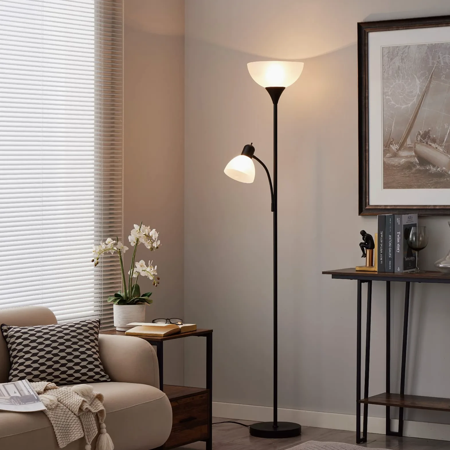 HonoDing Lampada da terra nera regolabile con luce di lettura Lampada da terra moderna per soggiorno/ufficio alta 72" - 10 watt con luce di lettura laterale Lampada ad angolo (nero)