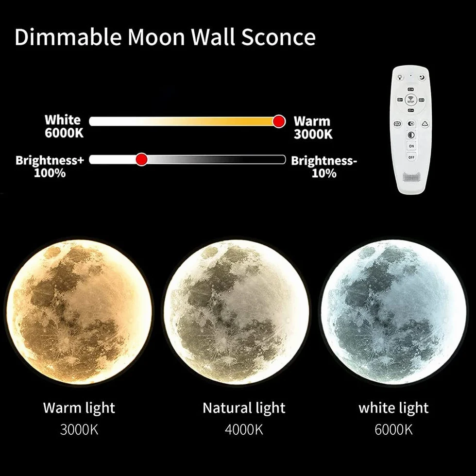 Luna 3D Grande da Parete Applique da Parete a LED Rotonda Dimmerabile con Telecomando Lampada da Parete con interruttore a filo e spina Plafoniera LED Lampada da Luna Art Deco Lampade da Muro Interno