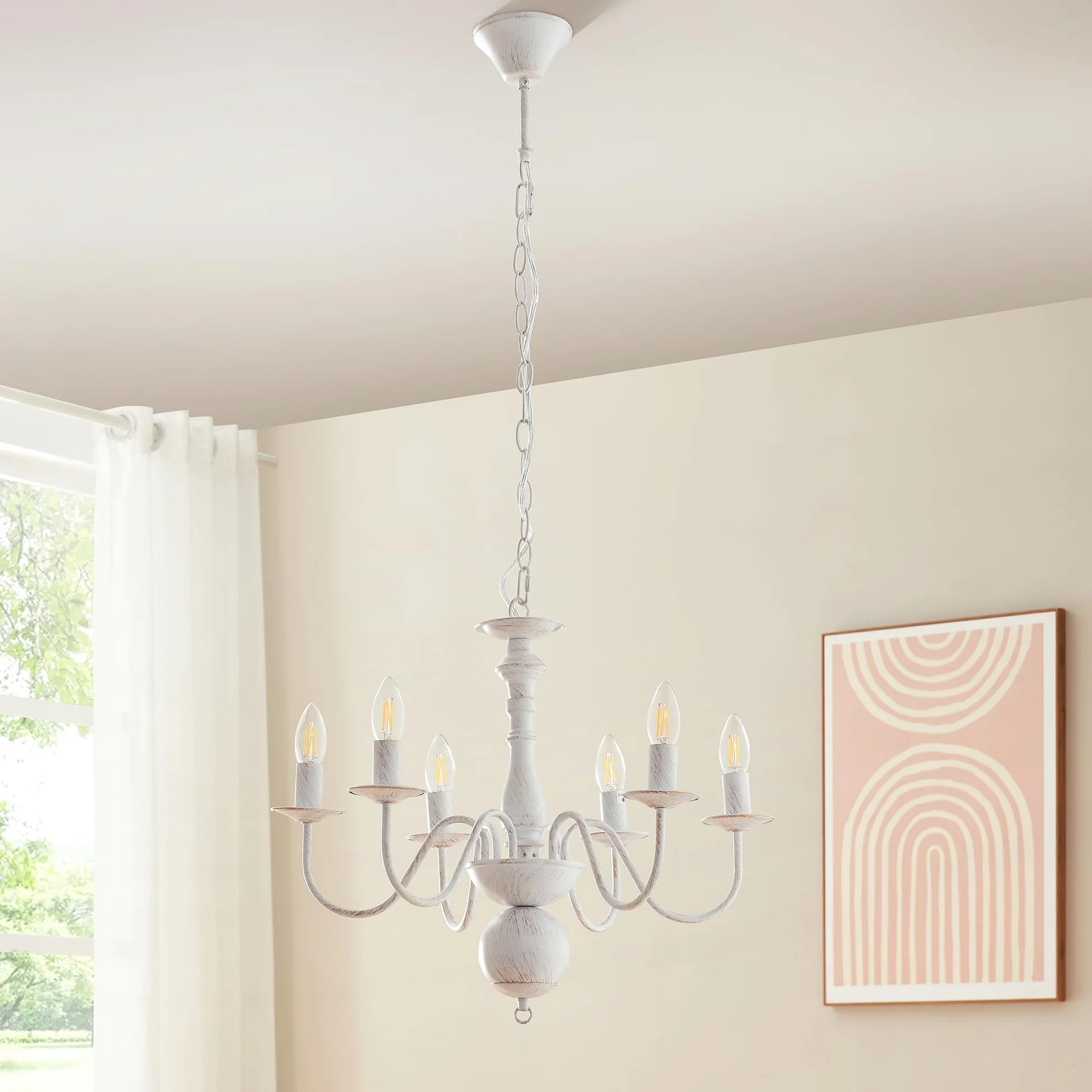 lux.pro Lampadario a Sospensione Vintage Bianco in Metallo Lampada da Soffitto con 6 Bracci Curvi per Lampadine E14 Stile Shabby Chic Rustico Elegante