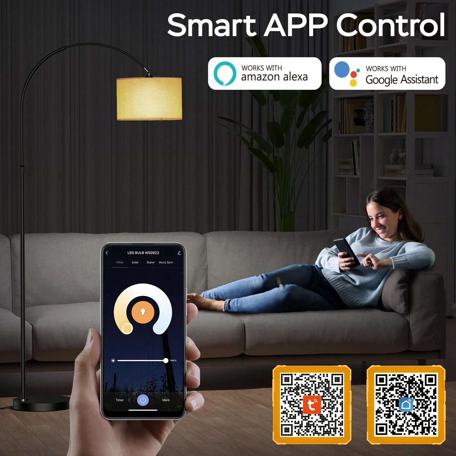 Modlicht Lampada da terra intelligente, funziona con Alexa e Google Home, lampada da terra RGB dimmerabile, per feste o atmosfera festiva, lampada ad arco WiFi E27 9W per soggiorno, camera da letto