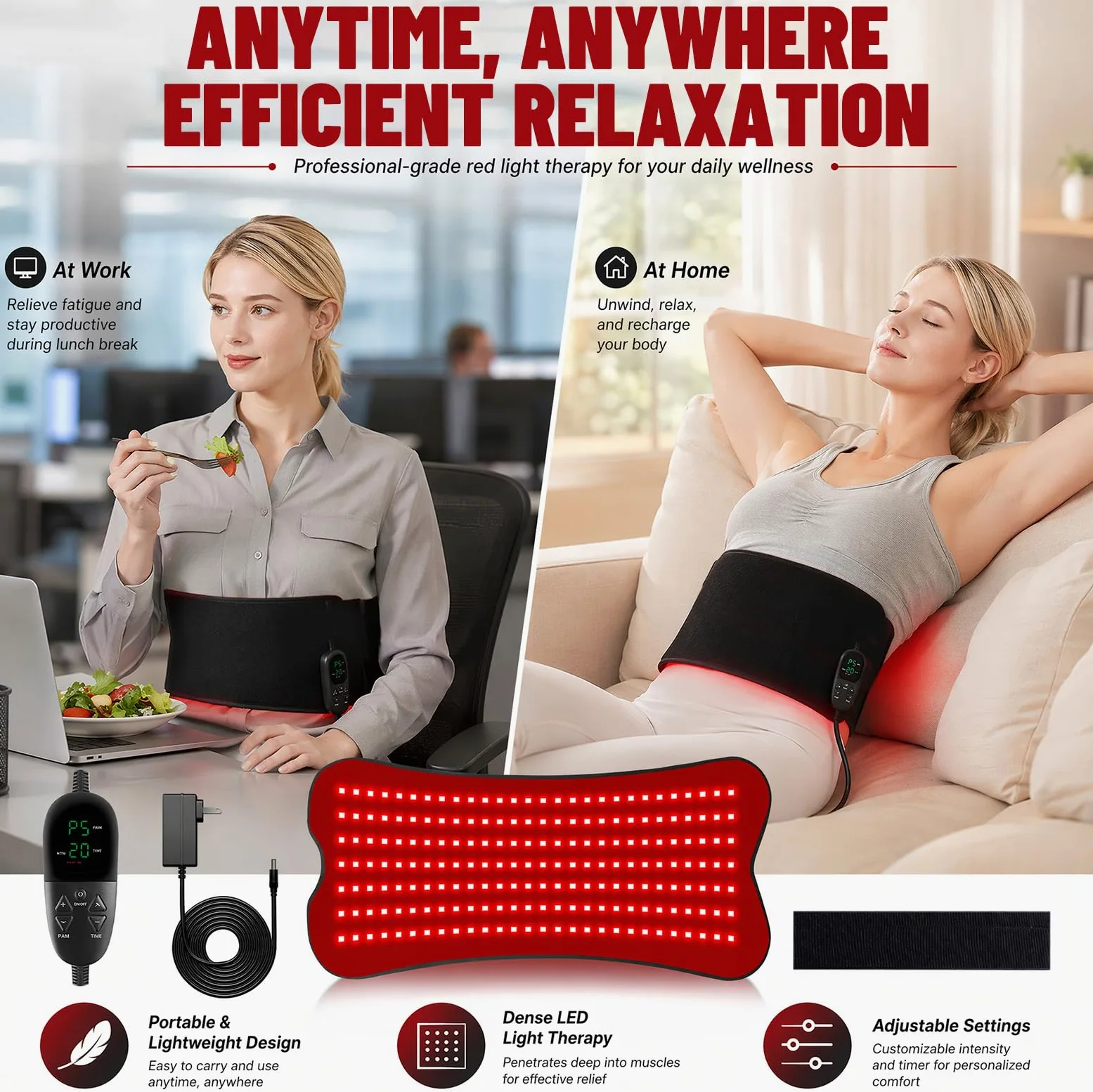 Tappetino a infrarossi con 210 LED, 660 nm e 850 nm Red Light Therapy per il corpo, terapia della luce rossa con 5 livelli di luminosità e 5 impostazioni di tempo per gambe, schiena, vita, scuola, 80