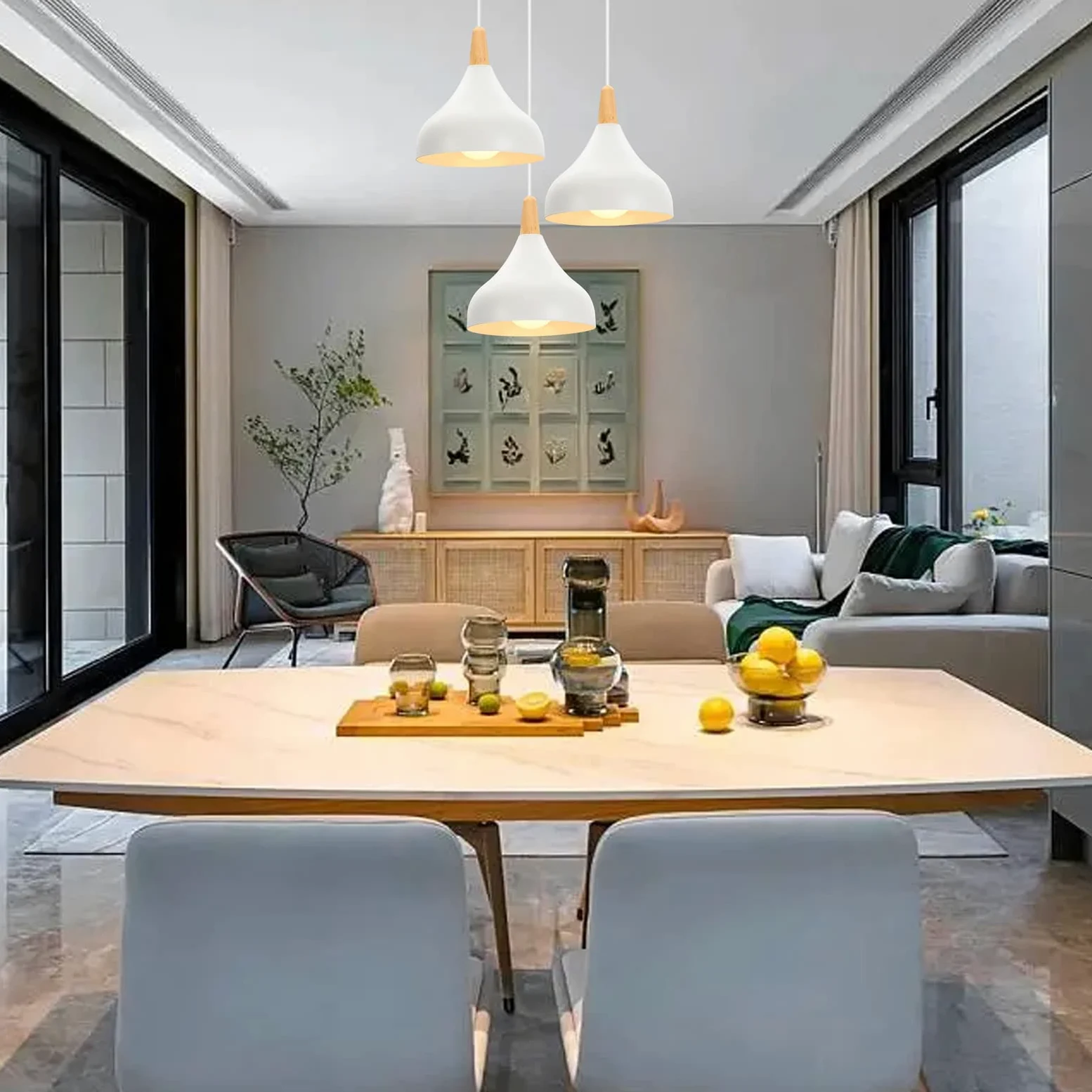 iDEGU 3 Luci Lampadario a Sospensione Retrò LED Lampada a Soffitto in Legna Metallo Moderna Lampada a Sospensione Stile Scandinavo Plafoniera per Soggiorno Camera Sala da Pranzo (Bianco, Rotondo)