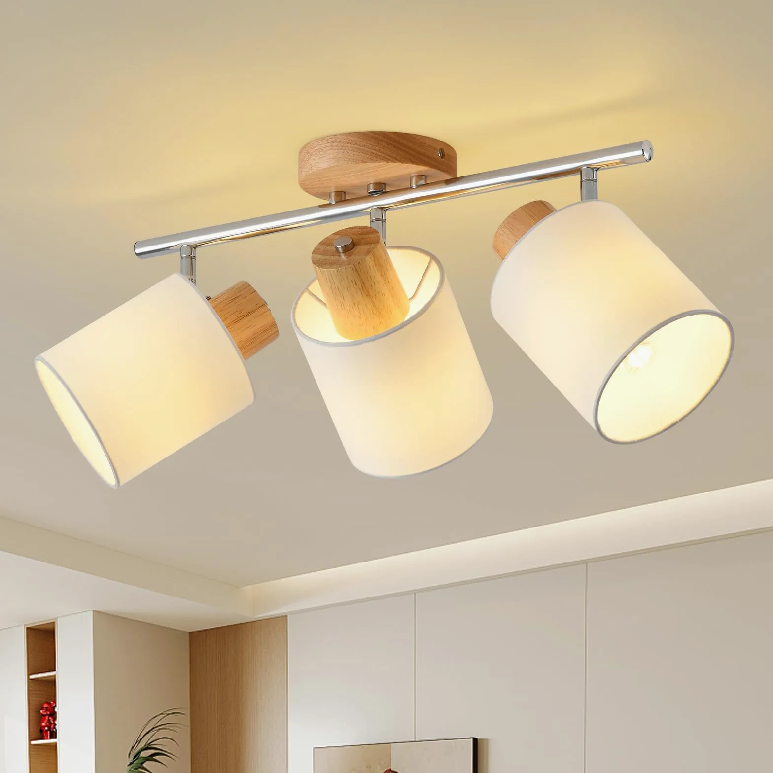 SANSHI faretti led soffitto in 3 punt，lampadario legno regolabile, Base E14 230V moderna Luce a parete,faretti soffitto per interni soggiorno, camera da letto, sala da pranzo (senza lampadine)